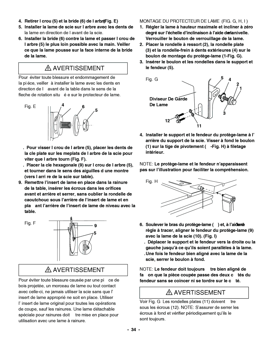 Hitachi C 10RA3 instruction manual Fig. F, Montage DU Protecteur DE Lame FIG. G, H 