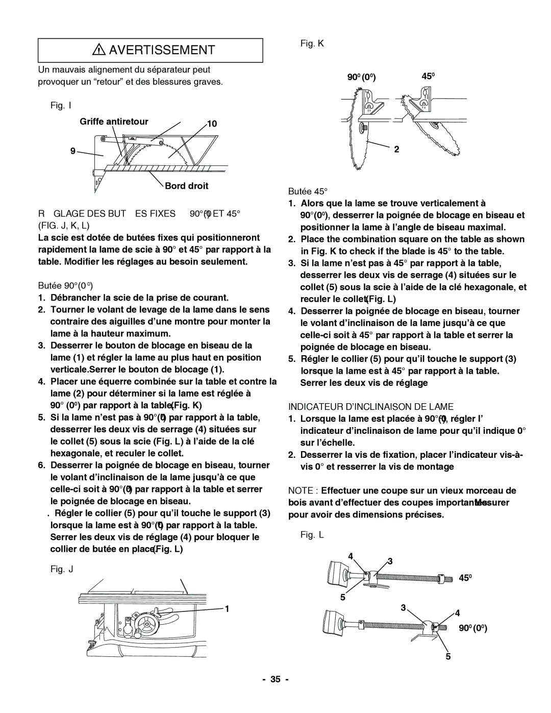 Hitachi C 10RA3 Provoquer un retour et des blessures graves, Réglage DES Butées Fixes À 9000 ET 45 FIG. J, K, L 