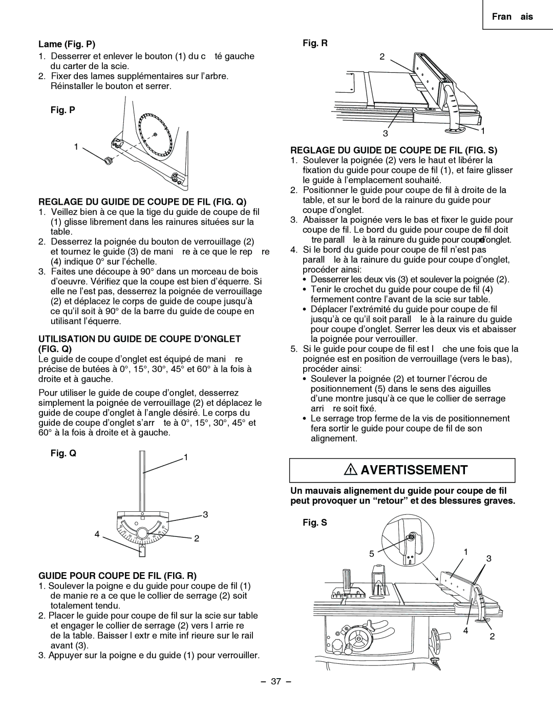 Hitachi C 10RA3 Lame Fig. P, Reglage DU Guide DE Coupe DE FIL FIG. Q, Utilisation DU Guide DE Coupe D’ONGLET FIG. Q 