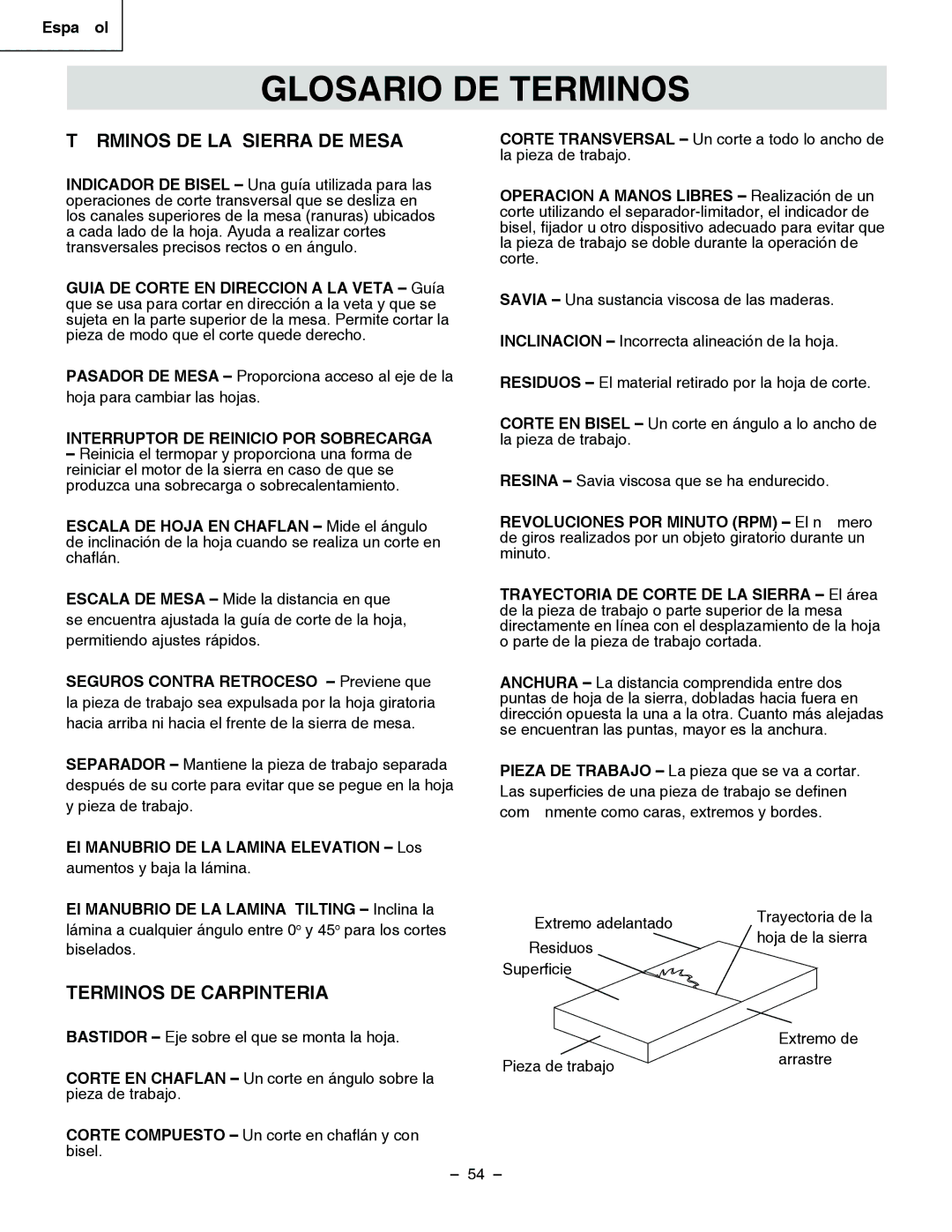 Hitachi C 10RA3 instruction manual Glosario DE Terminos, Términos DE LA Sierra DE Mesa, Terminos DE Carpinteria 