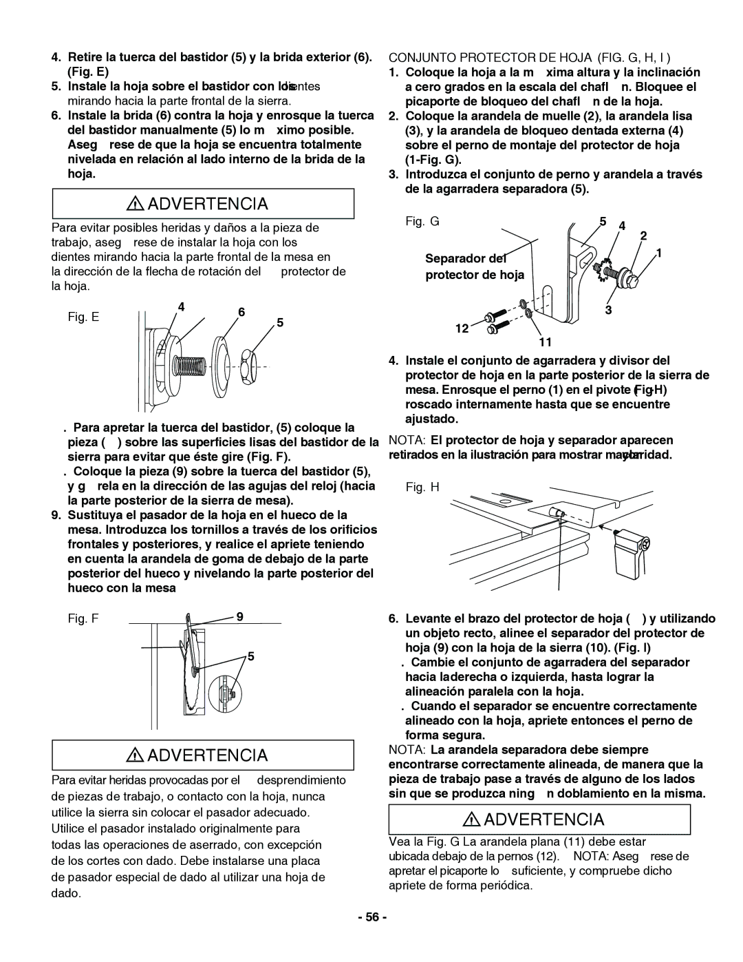 Hitachi C 10RA3 instruction manual Fig. E, Conjunto Protector DE Hoja FIG. G, H 