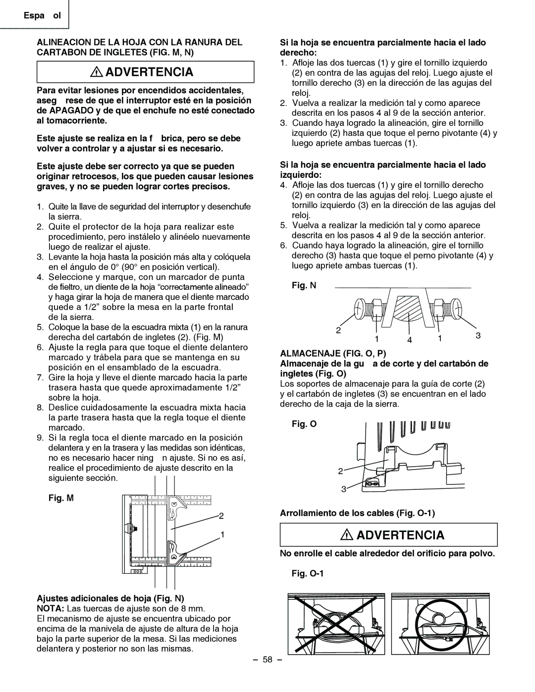 Hitachi C 10RA3 instruction manual Almacenaje FIG. O, P, Fig. O Arrollamiento de los cables Fig. O-1 