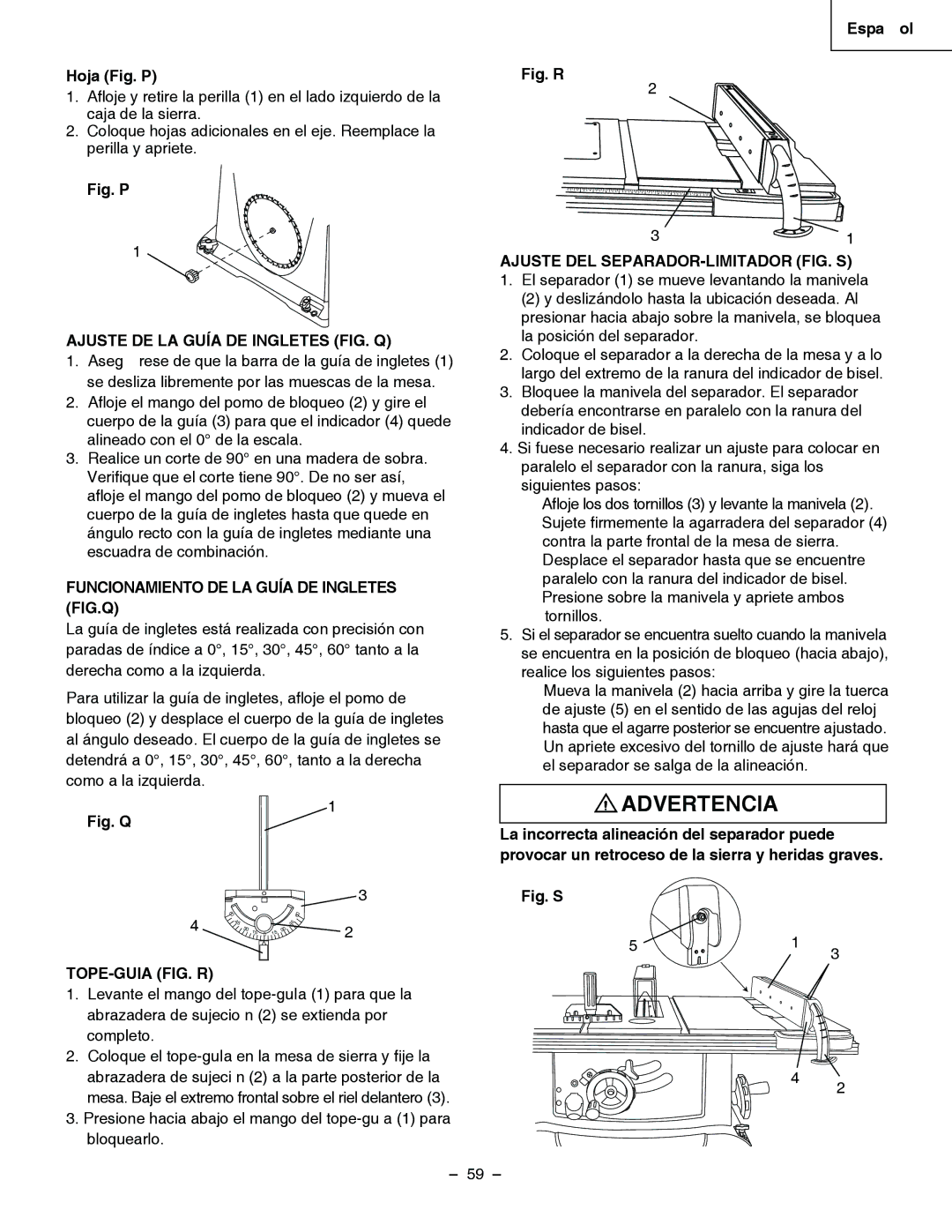 Hitachi C 10RA3 Español Hoja Fig. P, Ajuste DE LA Guía DE Ingletes FIG. Q, Funcionamiento DE LA Guía DE Ingletes FIG.Q 