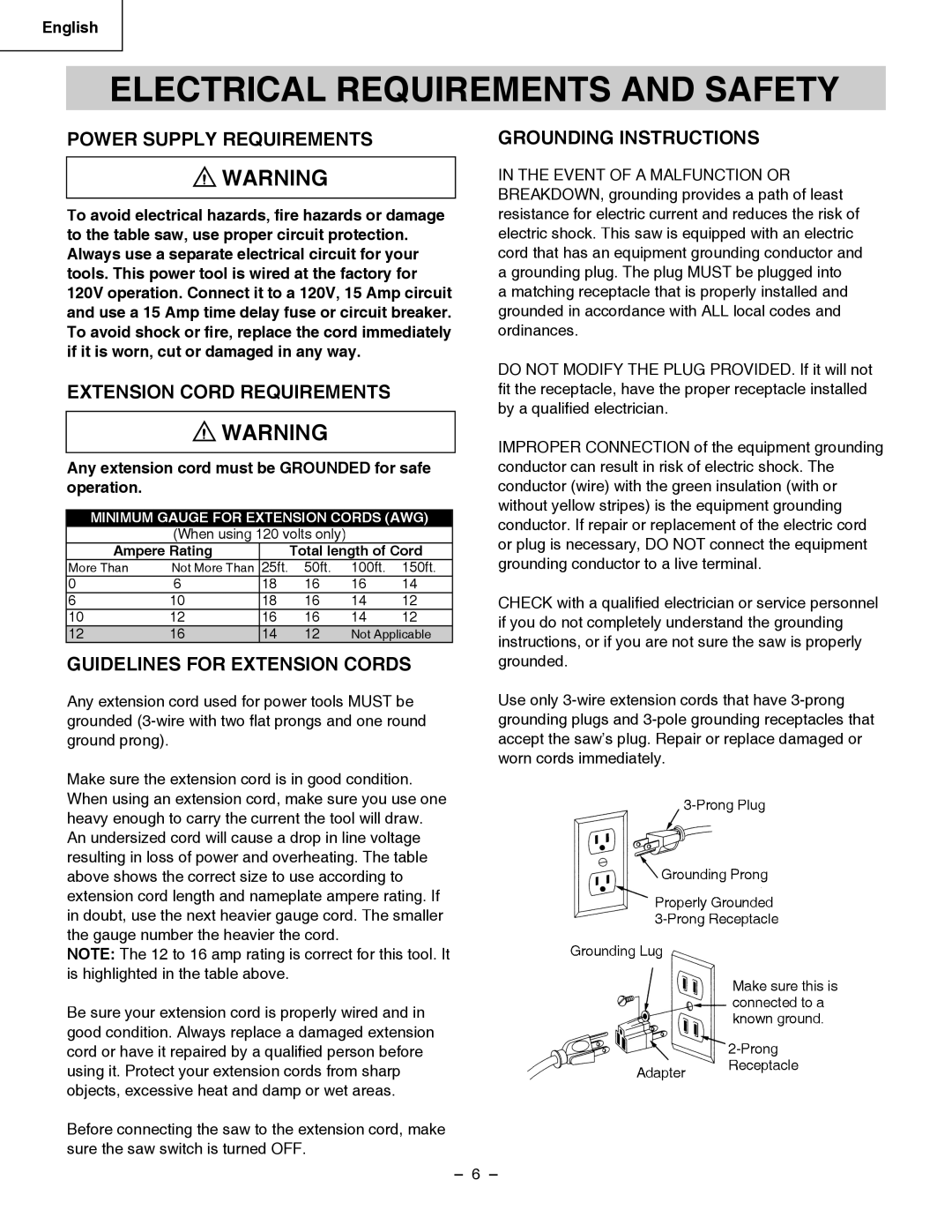 Hitachi C 10RA3 Electrical Requirements and Safety, Power Supply Requirements, Guidelines for Extension Cords 