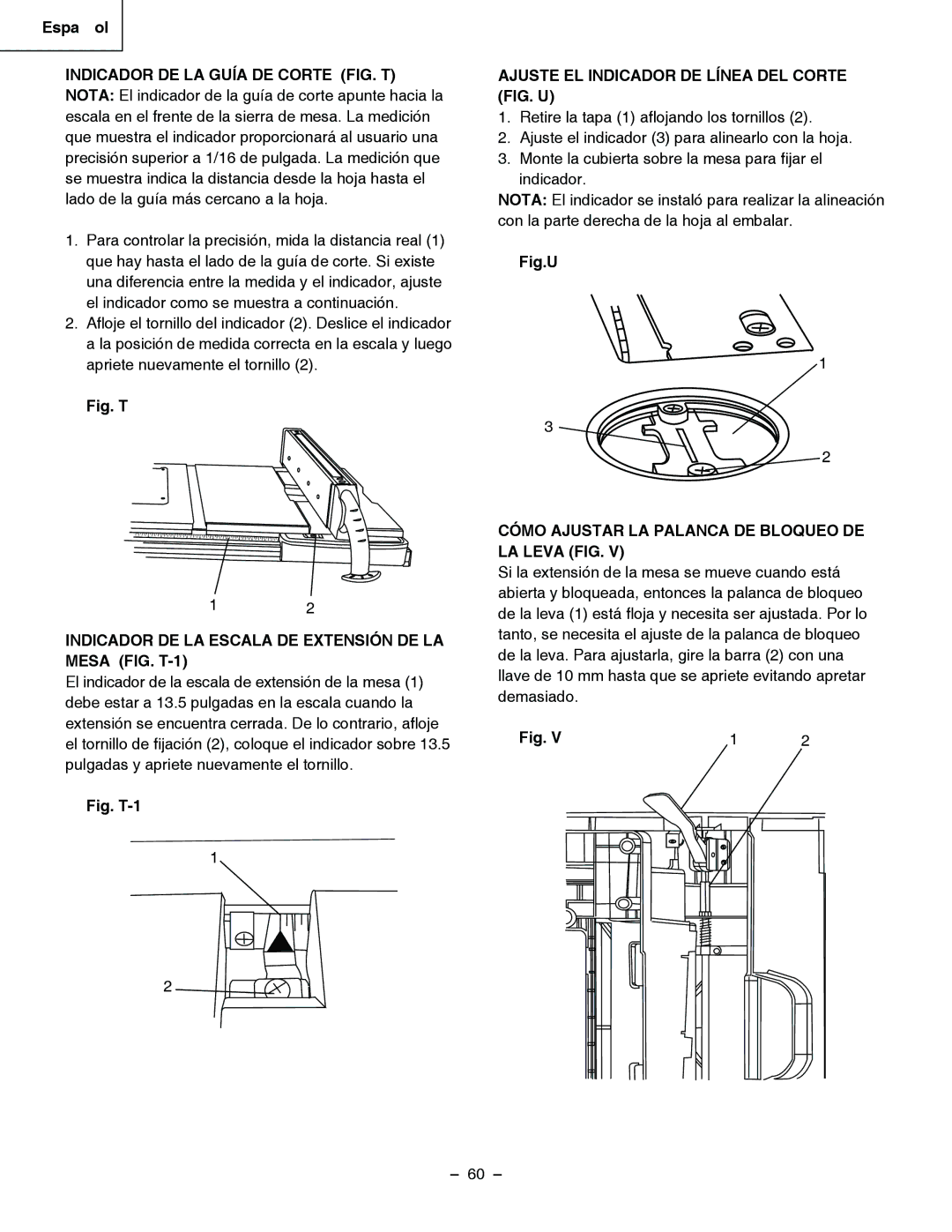 Hitachi C 10RA3 Indicador DE LA Escala DE Extensión DE LA Mesa FIG. T-1, Ajuste EL Indicador DE Línea DEL Corte FIG. U 