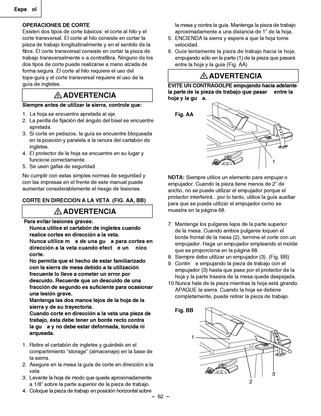 Hitachi C 10RA3 instruction manual Operaciones DE Corte, Corte EN Direccion a LA Veta FIG. AA, BB 