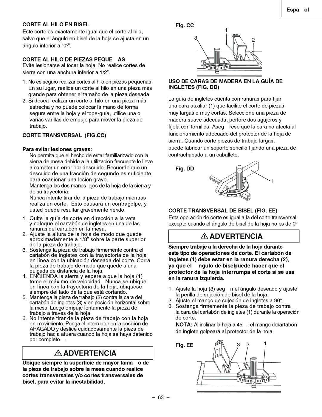 Hitachi C 10RA3 instruction manual Corte AL Hilo EN Bisel, Corte AL Hilo DE Piezas Pequeñas, Corte Transversal FIG.CC 