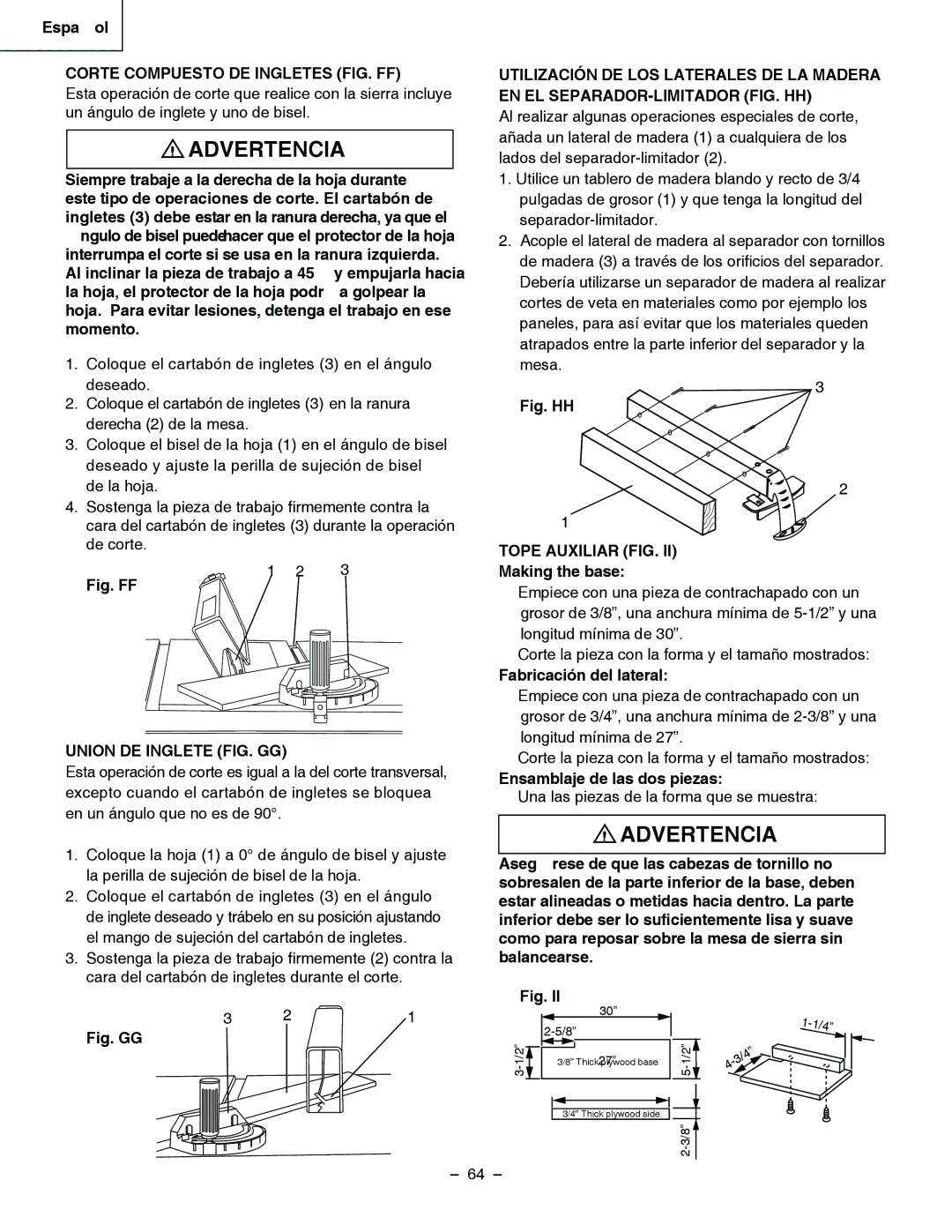 Hitachi C 10RA3 Corte Compuesto DE Ingletes FIG. FF, Tope Auxiliar FIG, Fabricación del lateral, Union DE Inglete FIG. GG 