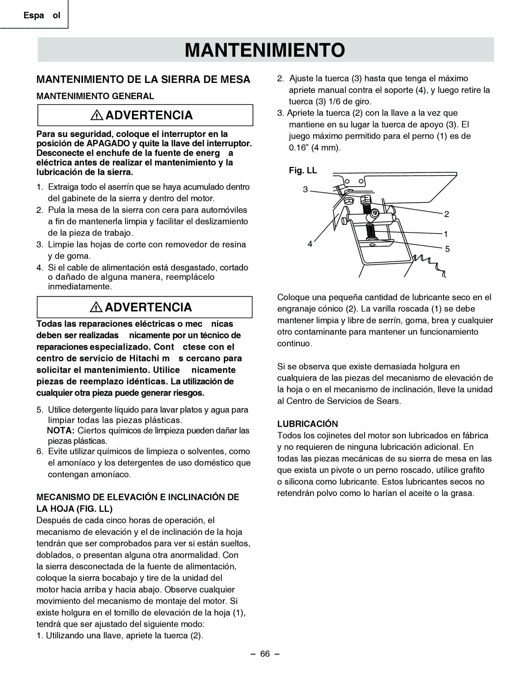 Hitachi C 10RA3 instruction manual Mantenimiento DE LA Sierra DE Mesa, Mantenimiento General, Lubricación 