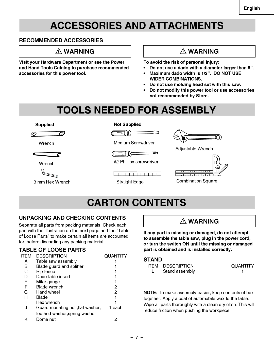 Hitachi C 10RA3 instruction manual Accessories and Attachments, Tools Needed for Assembly, Carton Contents 