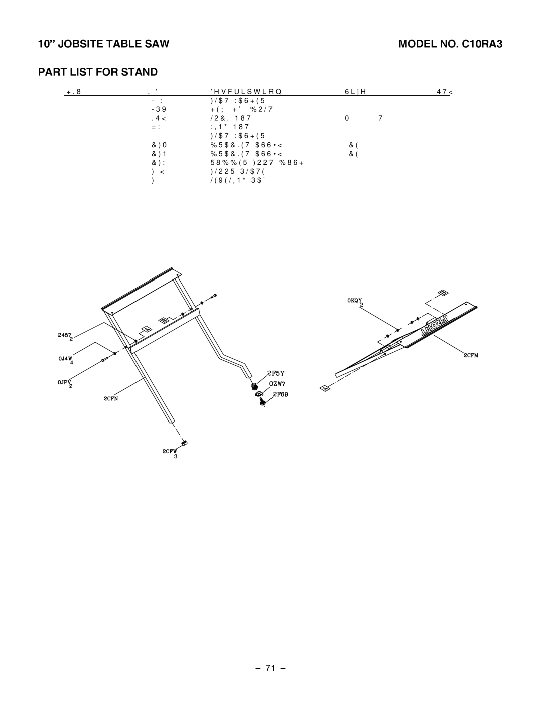 Hitachi C 10RA3 instruction manual Jobsite Table SAW Model NO. C10RA3 Part List for Stand, Qty 