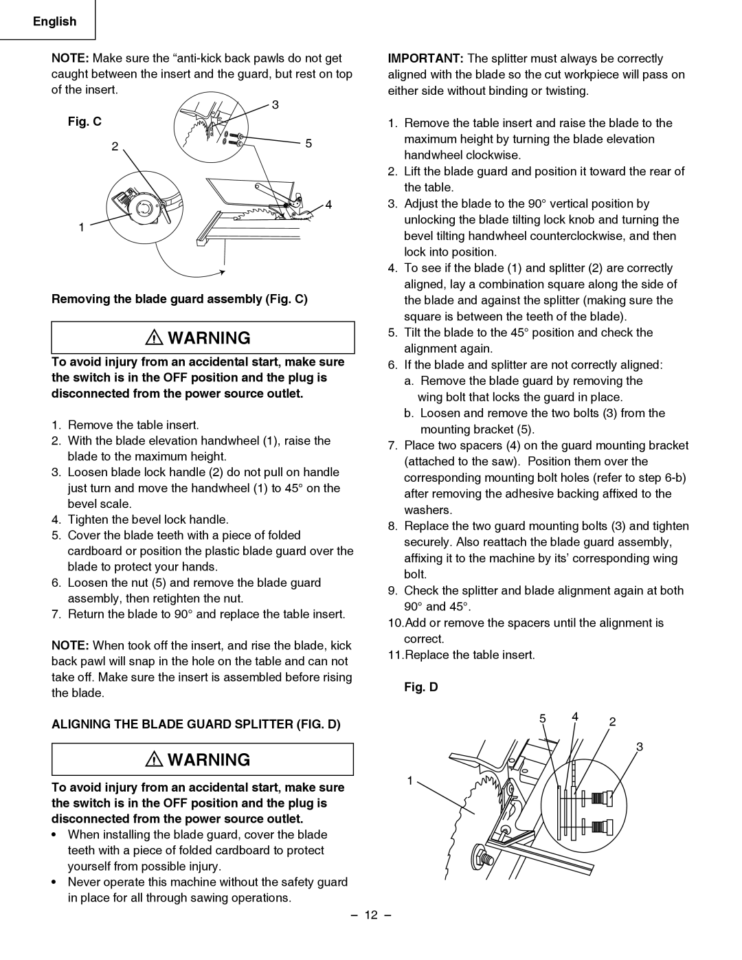 Hitachi C 10RB instruction manual Aligning the Blade Guard Splitter FIG. D, Fig. D 