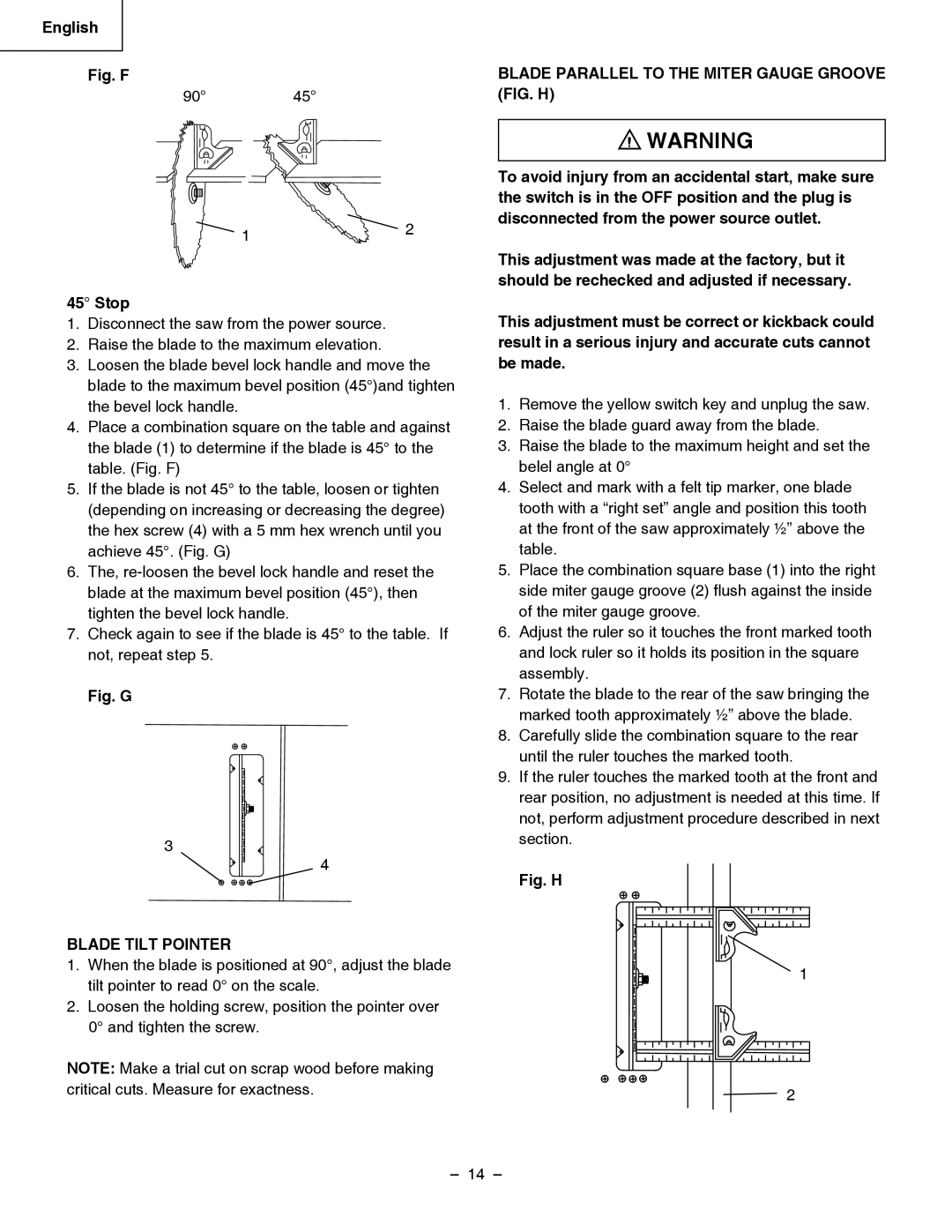 Hitachi C 10RB instruction manual Blade Tilt Pointer, Blade Parallel to the Miter Gauge Groove FIG. H 