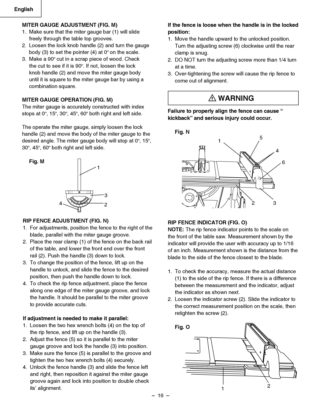 Hitachi C 10RB Miter Gauge Adjustment FIG. M, Miter Gauge Operation FIG. M, If adjustment is needed to make it parallel 