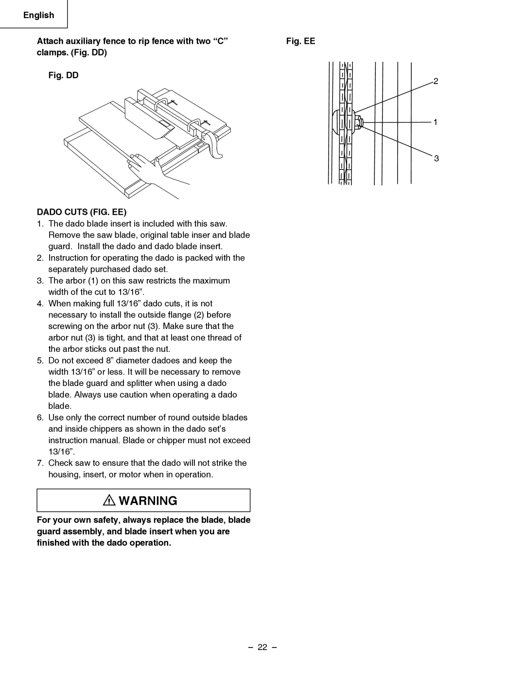 Hitachi C 10RB English Attach auxiliary fence to rip fence with two C, Clamps. Fig. DD, Dado Cuts FIG. EE 