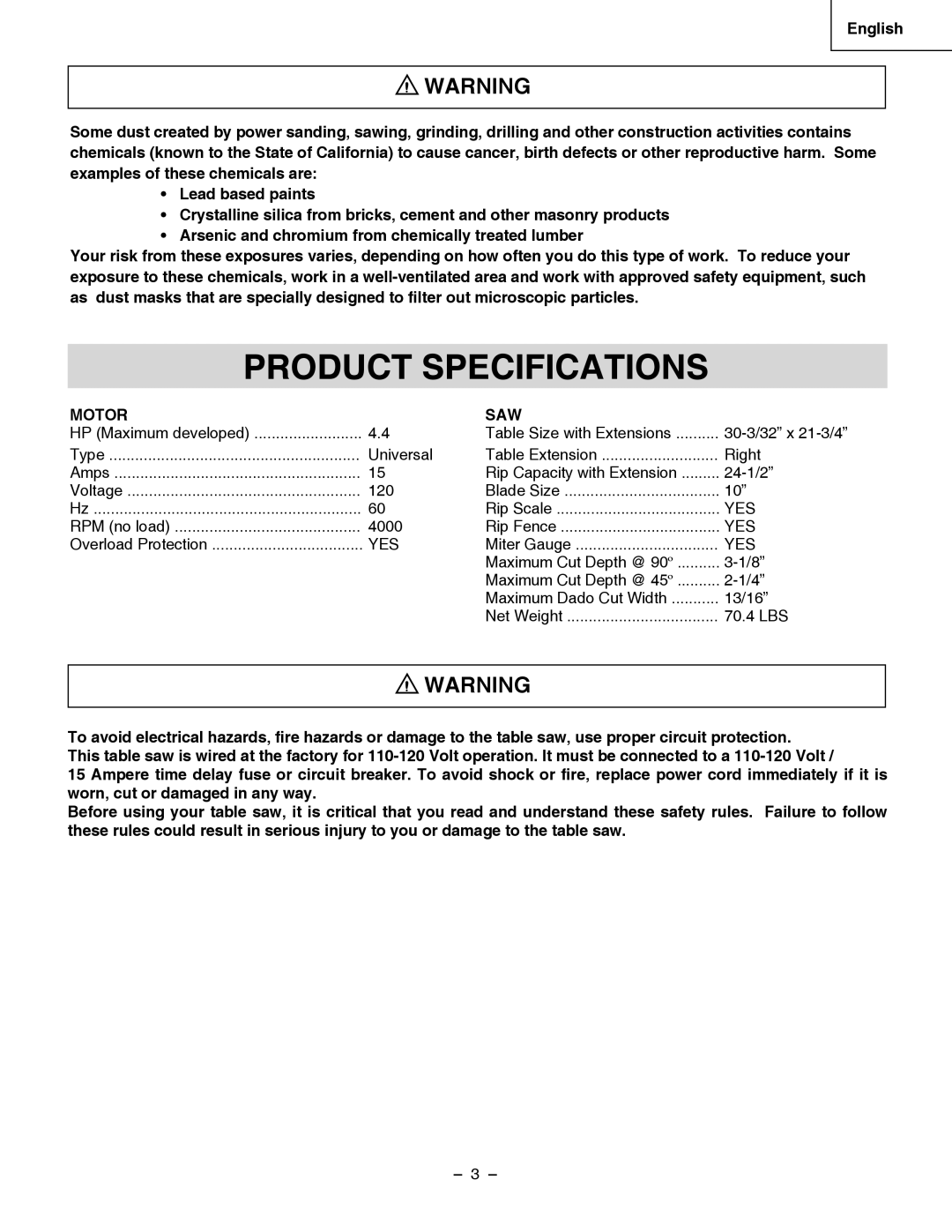 Hitachi C 10RB instruction manual Product Specifications, Motor SAW 