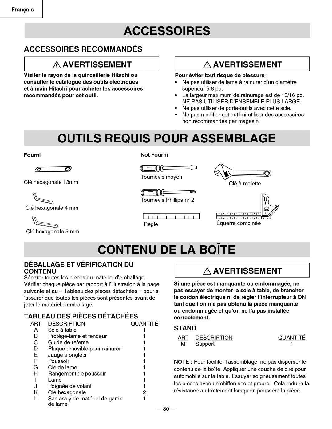 Hitachi C 10RB instruction manual Accessoires, Outils Requis Pour Assemblage, Contenu DE LA Boîte 