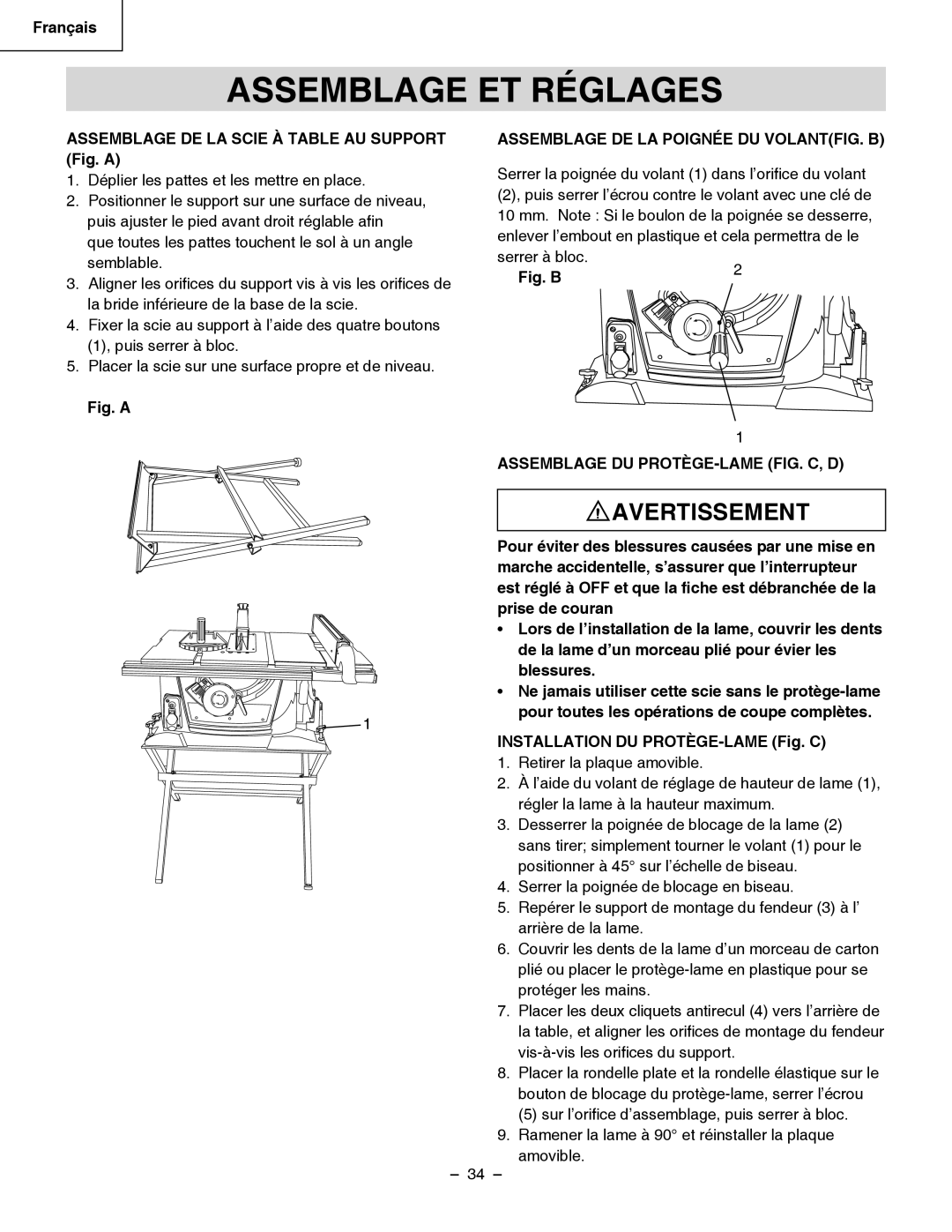 Hitachi C 10RB instruction manual Assemblage ET Réglages, Assemblage DE LA Scie À Table AU Support Fig. a 