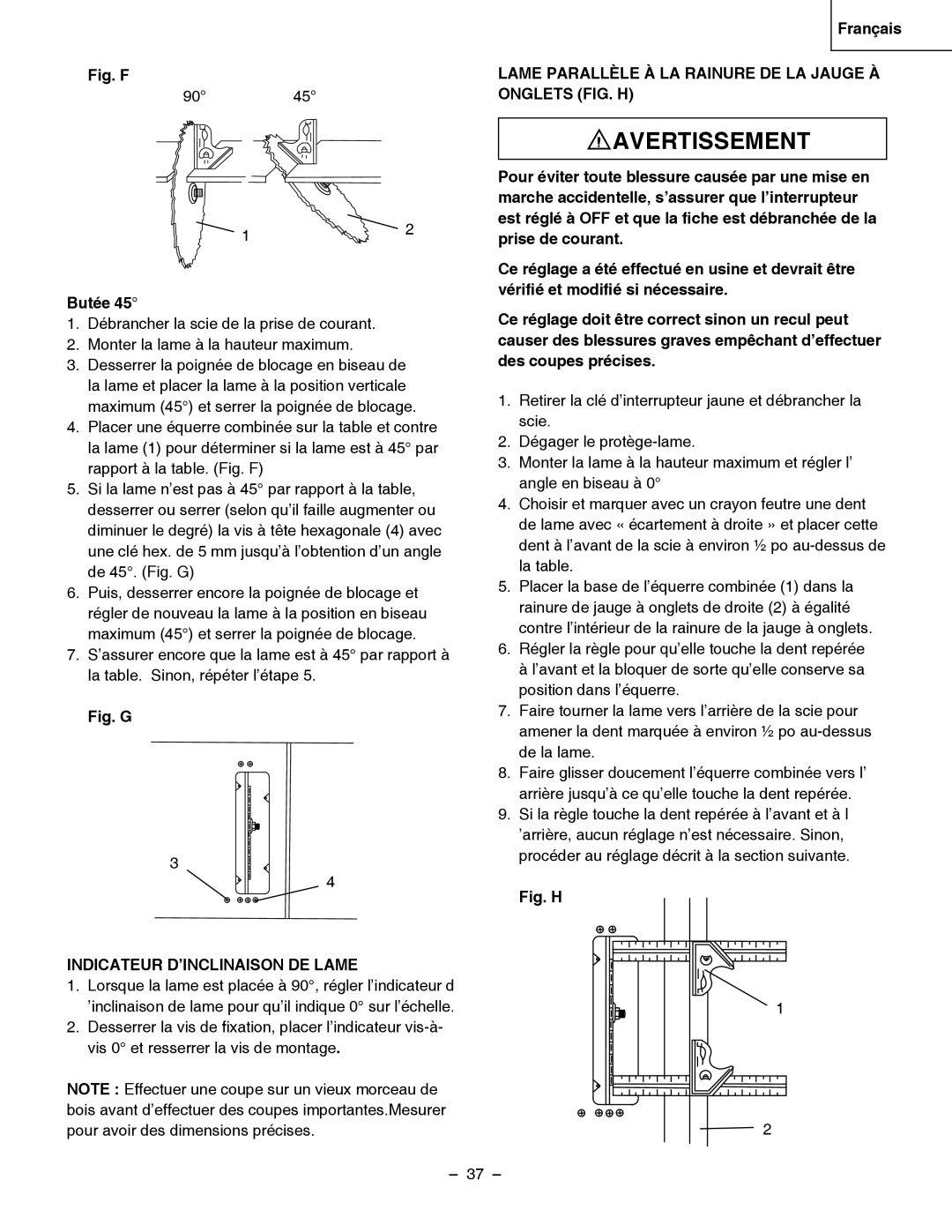 Hitachi C 10RB Indicateur D’INCLINAISON DE Lame, Lame Parallèle À LA Rainure DE LA Jauge À Onglets FIG. H 