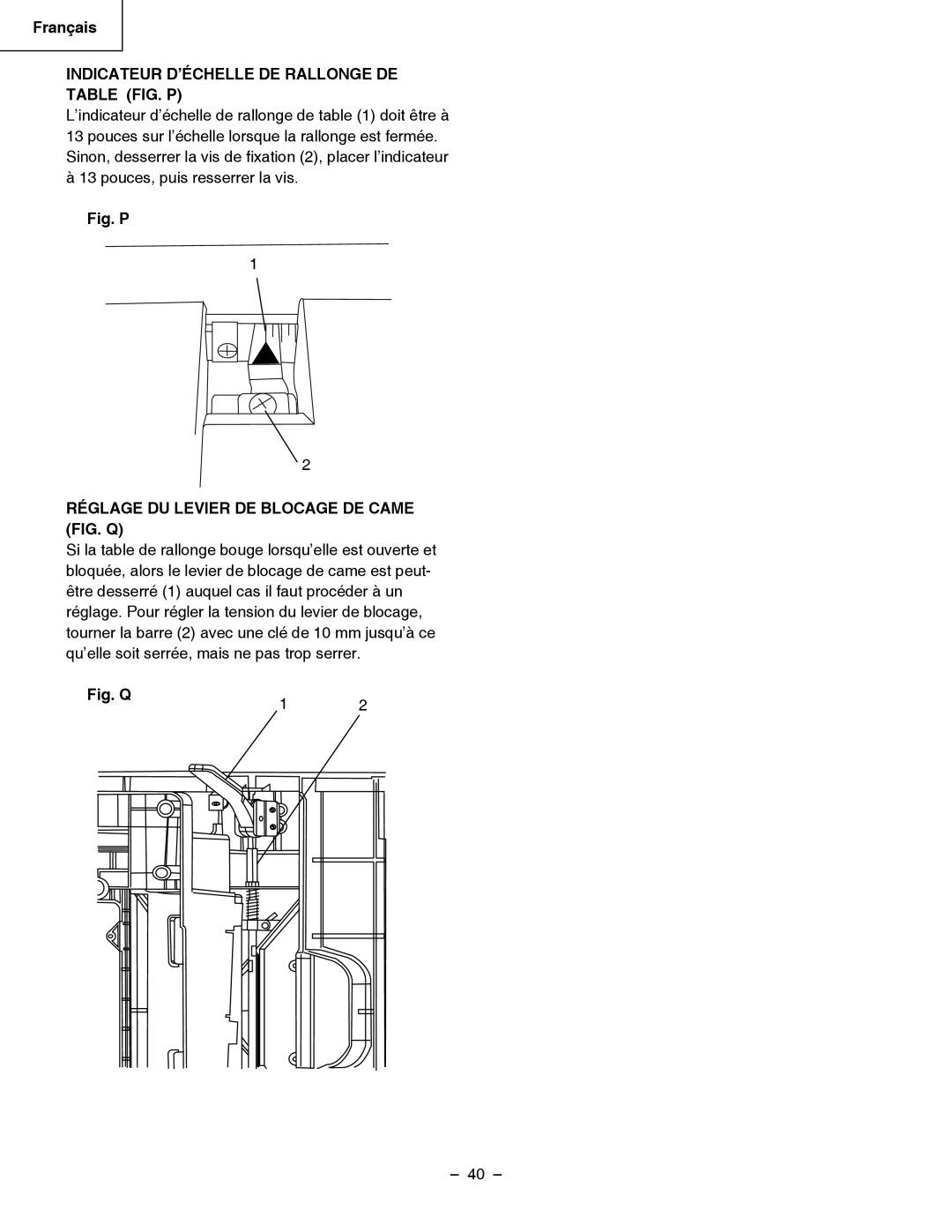 Hitachi C 10RB Indicateur D’ÉCHELLE DE Rallonge DE Table FIG. P, Réglage DU Levier DE Blocage DE Came FIG. Q 