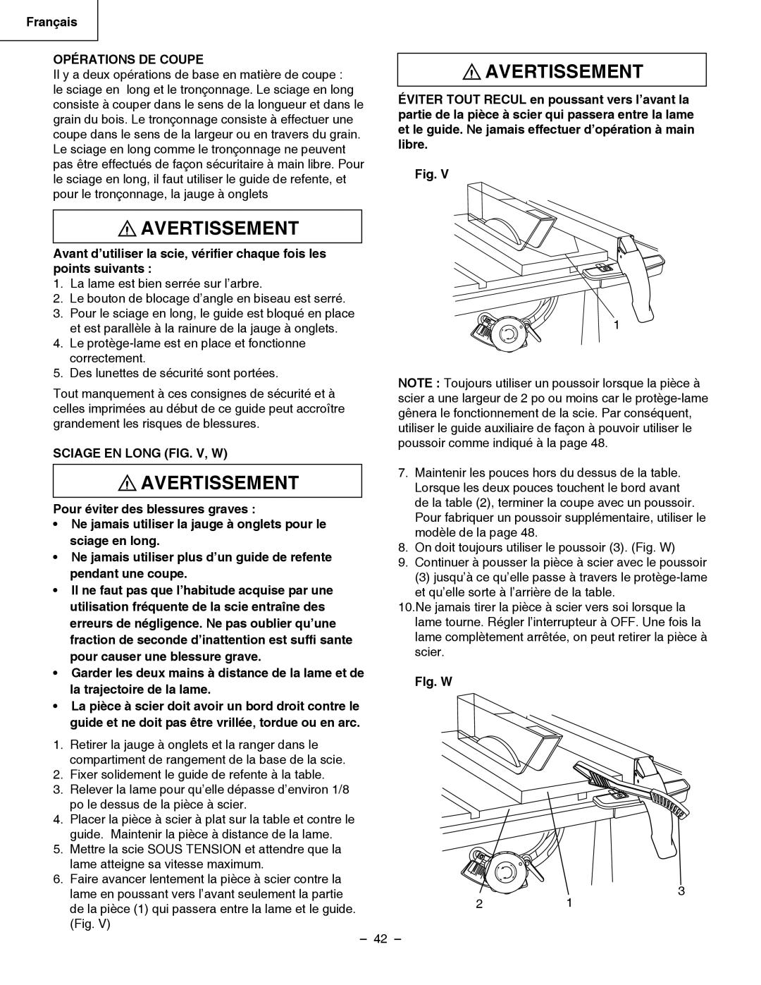 Hitachi C 10RB instruction manual Opérations DE Coupe, Sciage EN Long FIG. V, W 