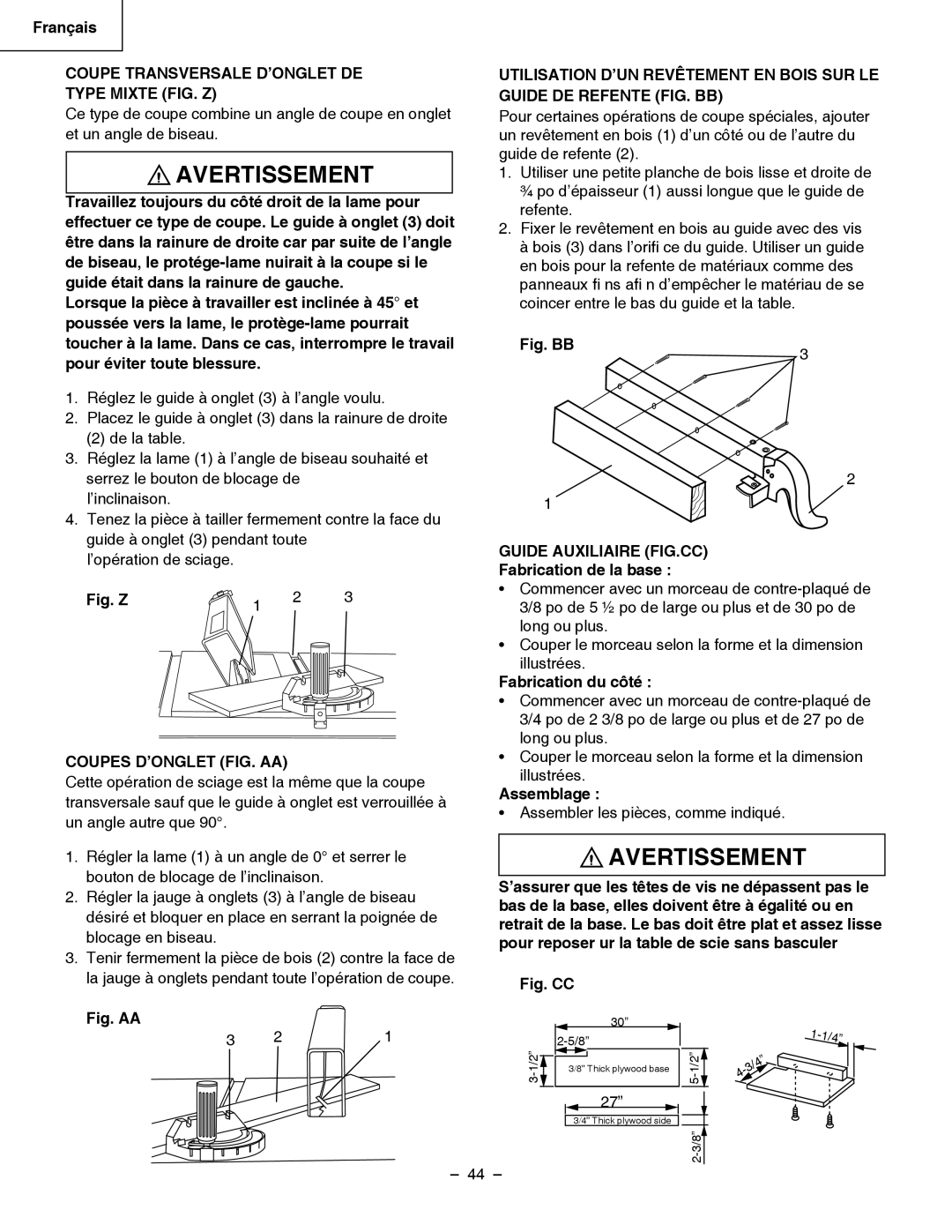 Hitachi C 10RB Coupe Transversale D’ONGLET DE Type Mixte FIG. Z, Coupes D’ONGLET FIG. AA, Guide Auxiliaire FIG.CC 