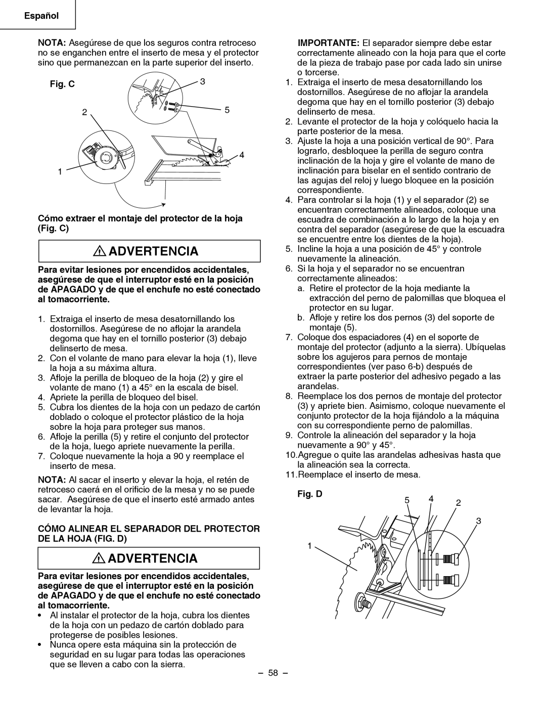 Hitachi C 10RB instruction manual Cómo Alinear EL Separador DEL Protector DE LA Hoja FIG. D, Fig. D 