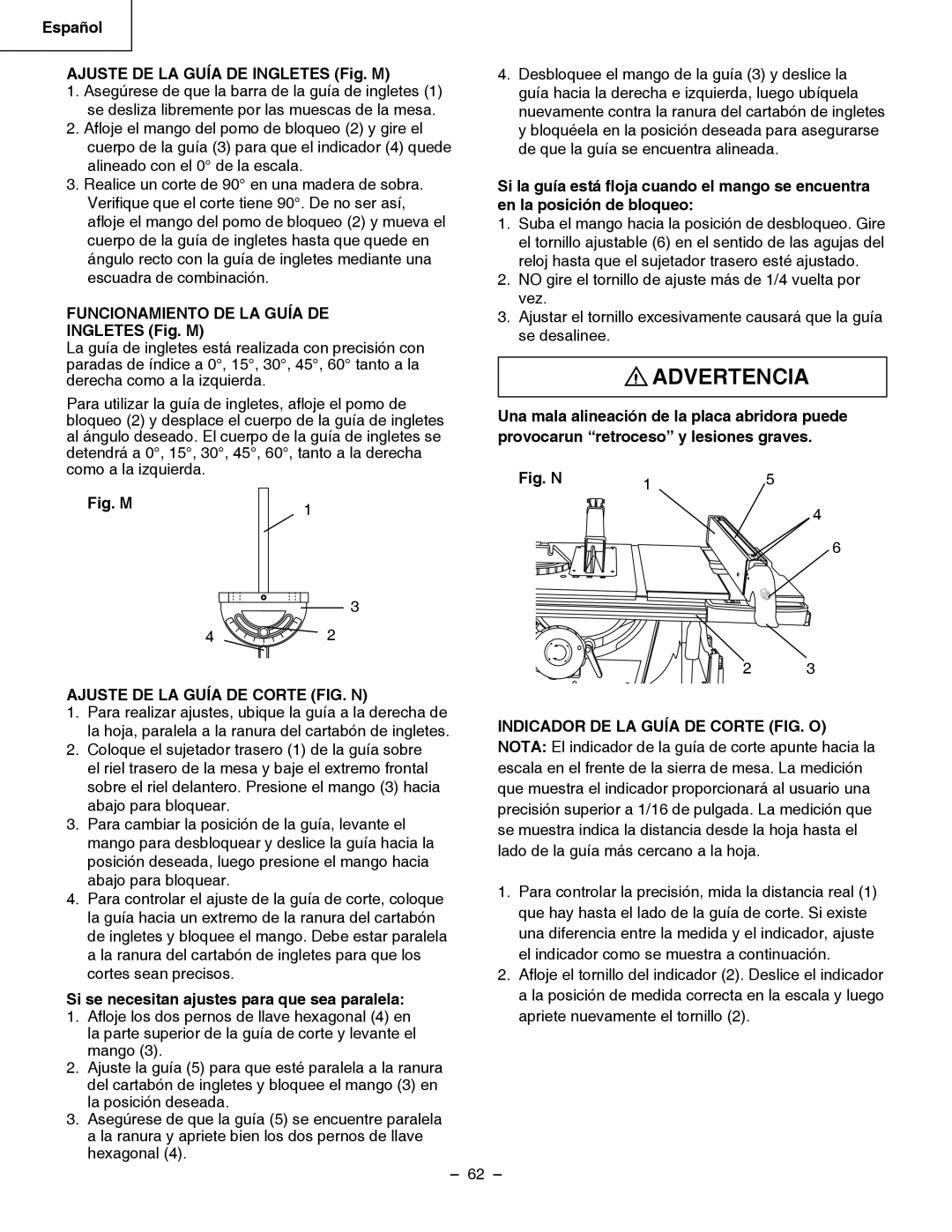 Hitachi C 10RB instruction manual Español Ajuste DE LA Guía DE Ingletes Fig. M, Funcionamiento DE LA Guía DE 