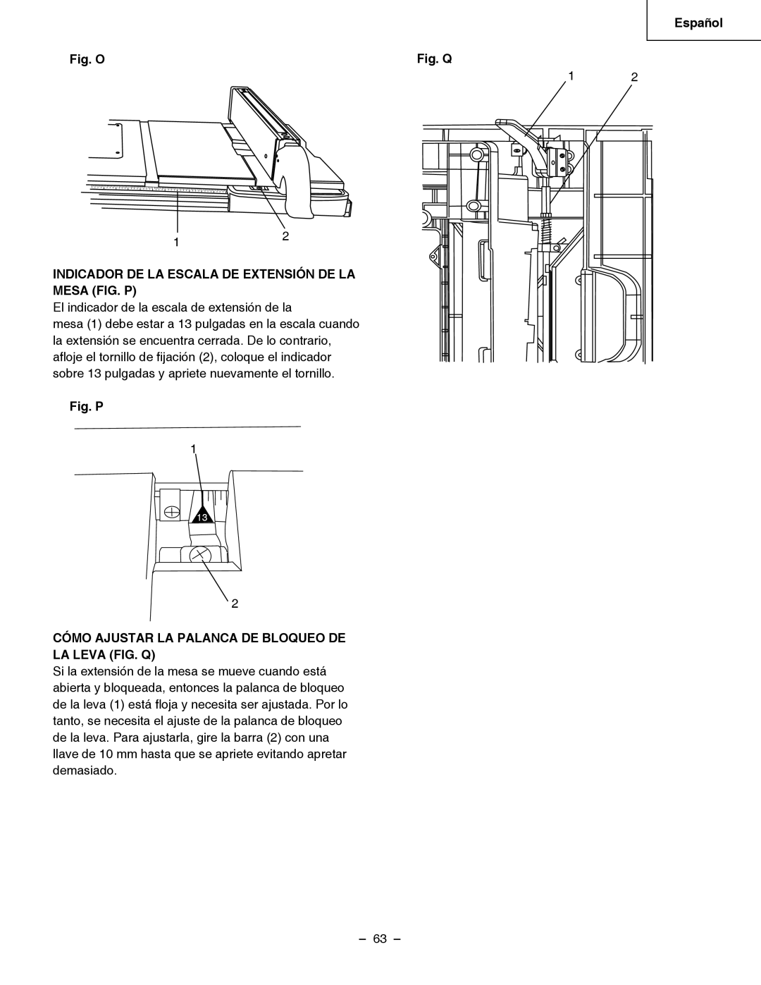 Hitachi C 10RB Indicador DE LA Escala DE Extensión DE LA Mesa FIG. P, Cómo Ajustar LA Palanca DE Bloqueo DE LA Leva FIG. Q 