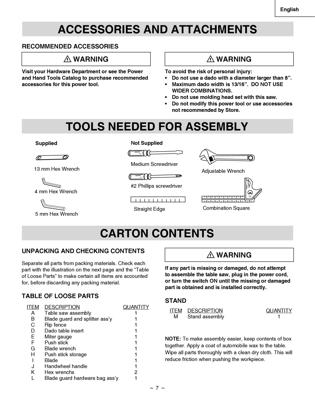 Hitachi C 10RB instruction manual Accessories and Attachments, Tools Needed for Assembly, Carton Contents 