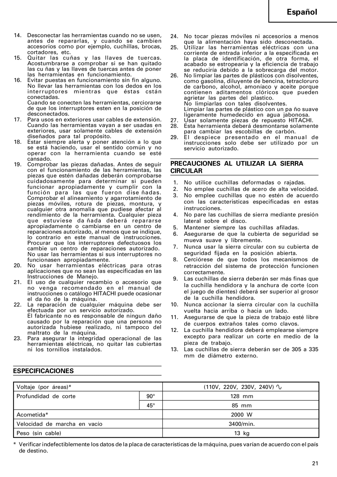 Hitachi C 13U manual Precauciones AL Utilizar LA Sierra Circular, Especificaciones 