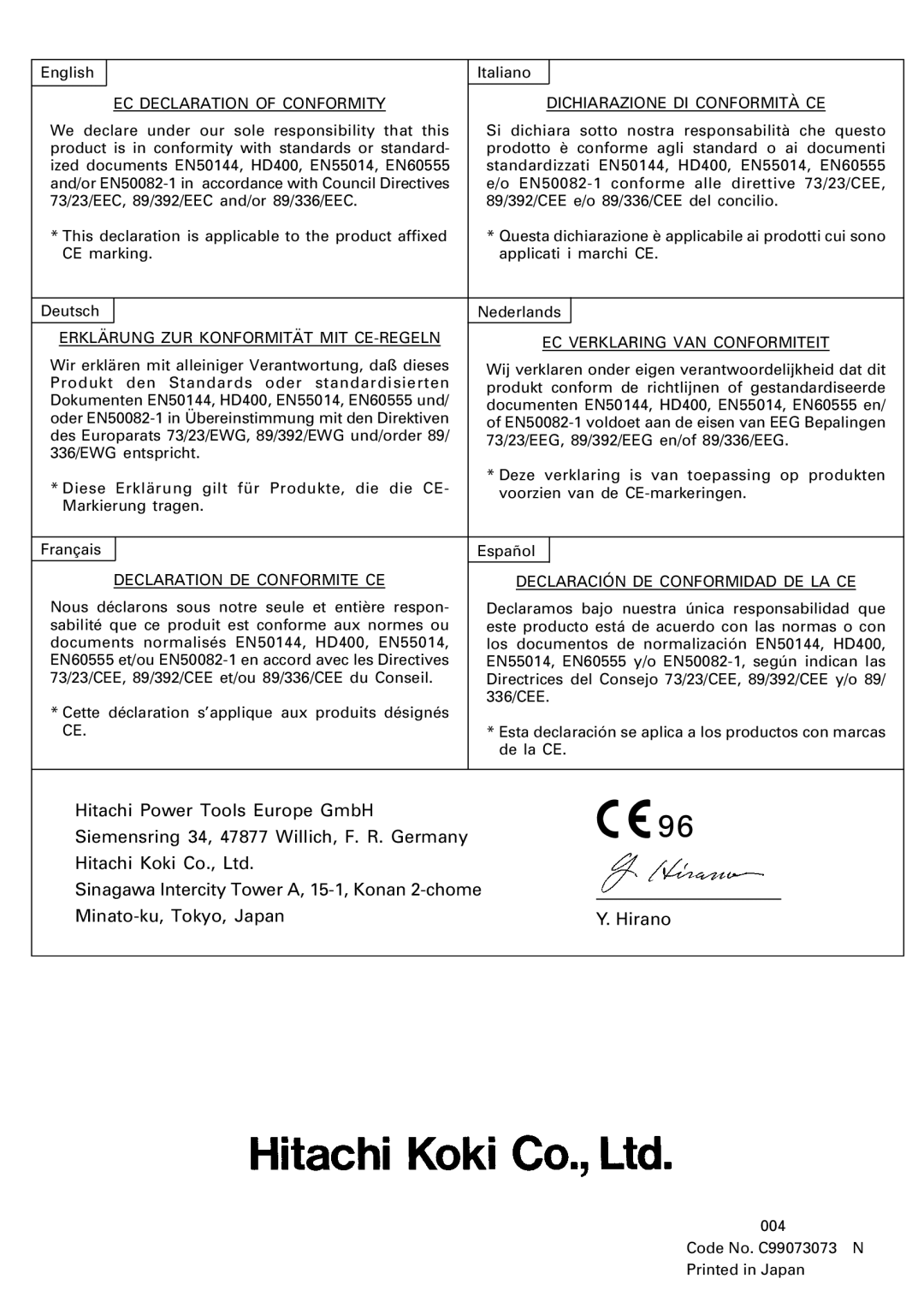 Hitachi C 13U manual EC Declaration of Conformity Dichiarazione DI Conformità CE 