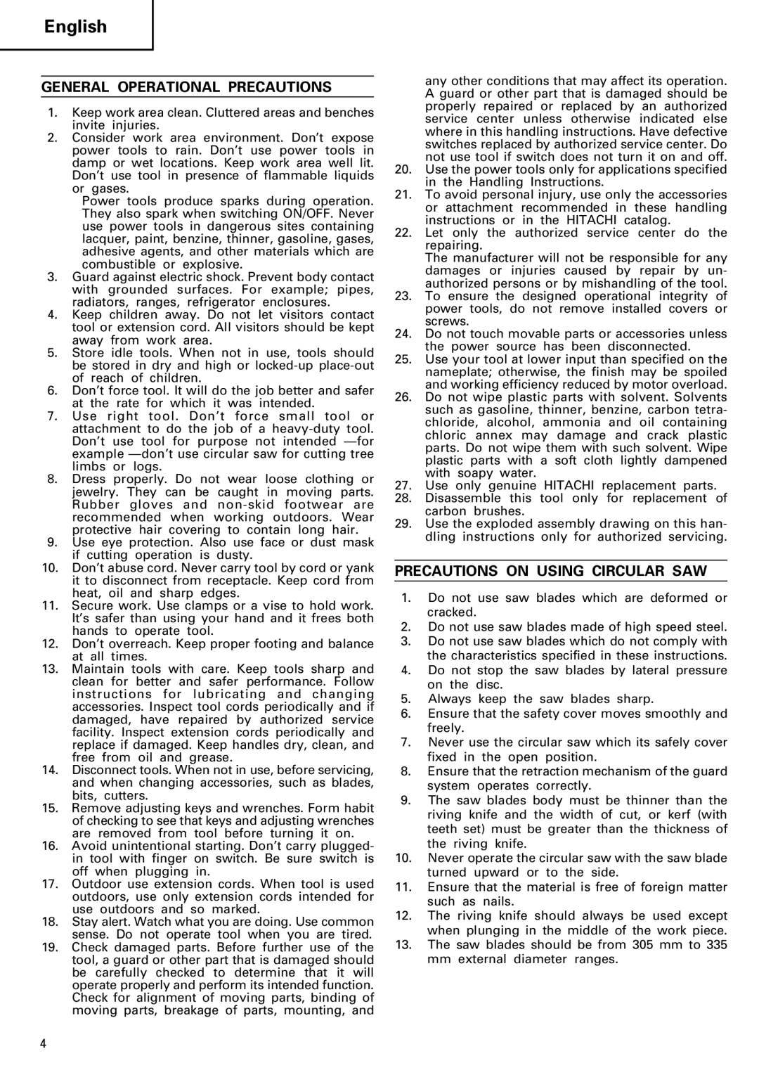 Hitachi C 13U manual English, General Operational Precautions, Precautions on Using Circular SAW 