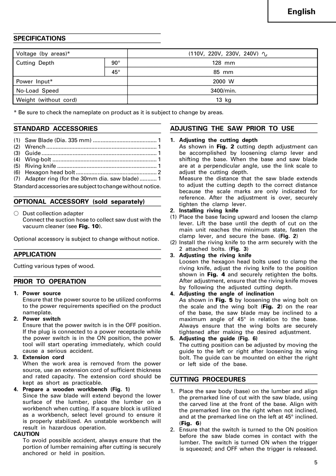Hitachi C 13U manual Specifications, Standard Accessories, Application, Prior to Operation, Adjusting the SAW Prior to USE 