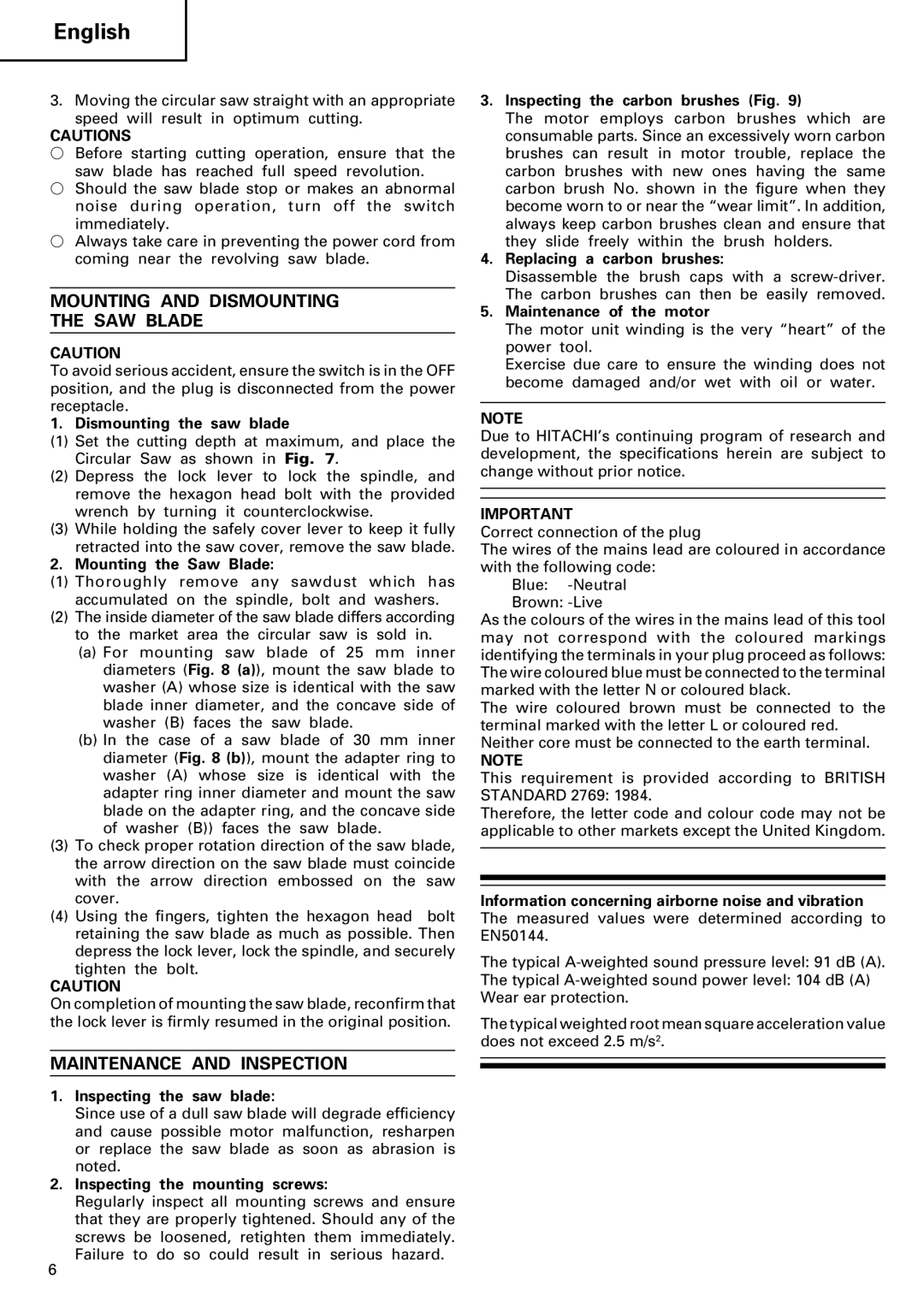 Hitachi C 13U manual Mounting and Dismounting SAW Blade, Maintenance and Inspection 