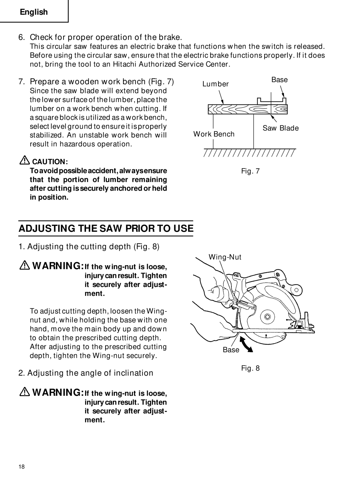 Hitachi C 6DC2 Adjusting the SAW Prior to USE, Check for proper operation of the brake, Prepare a wooden work bench Fig 