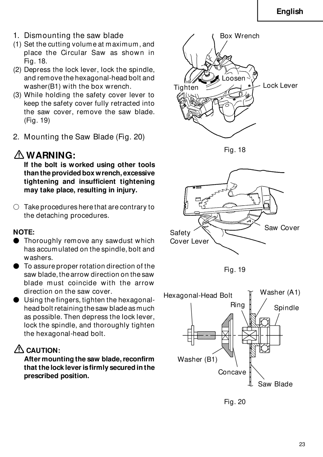 Hitachi C 6DC2 instruction manual Dismounting the saw blade, Mounting the Saw Blade Fig 