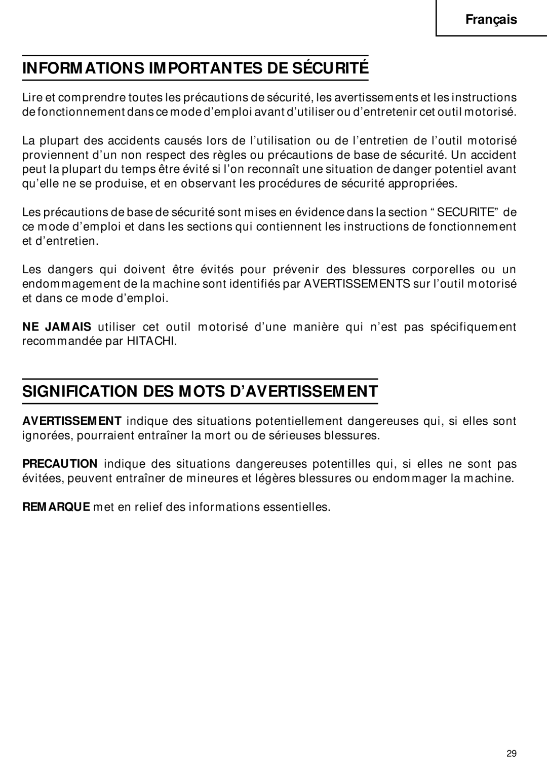 Hitachi C 6DC2 instruction manual Informations Importantes DE Sécurité, Signification DES Mots D’AVERTISSEMENT 