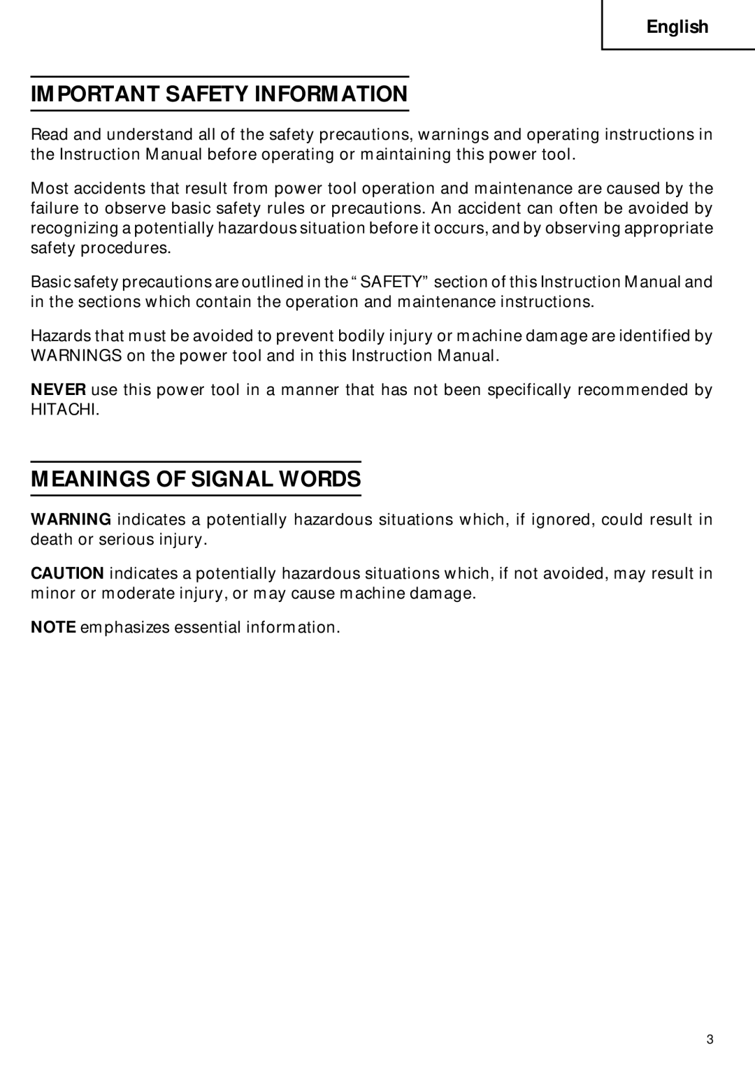 Hitachi C 6DC2 instruction manual Important Safety Information, Meanings of Signal Words 