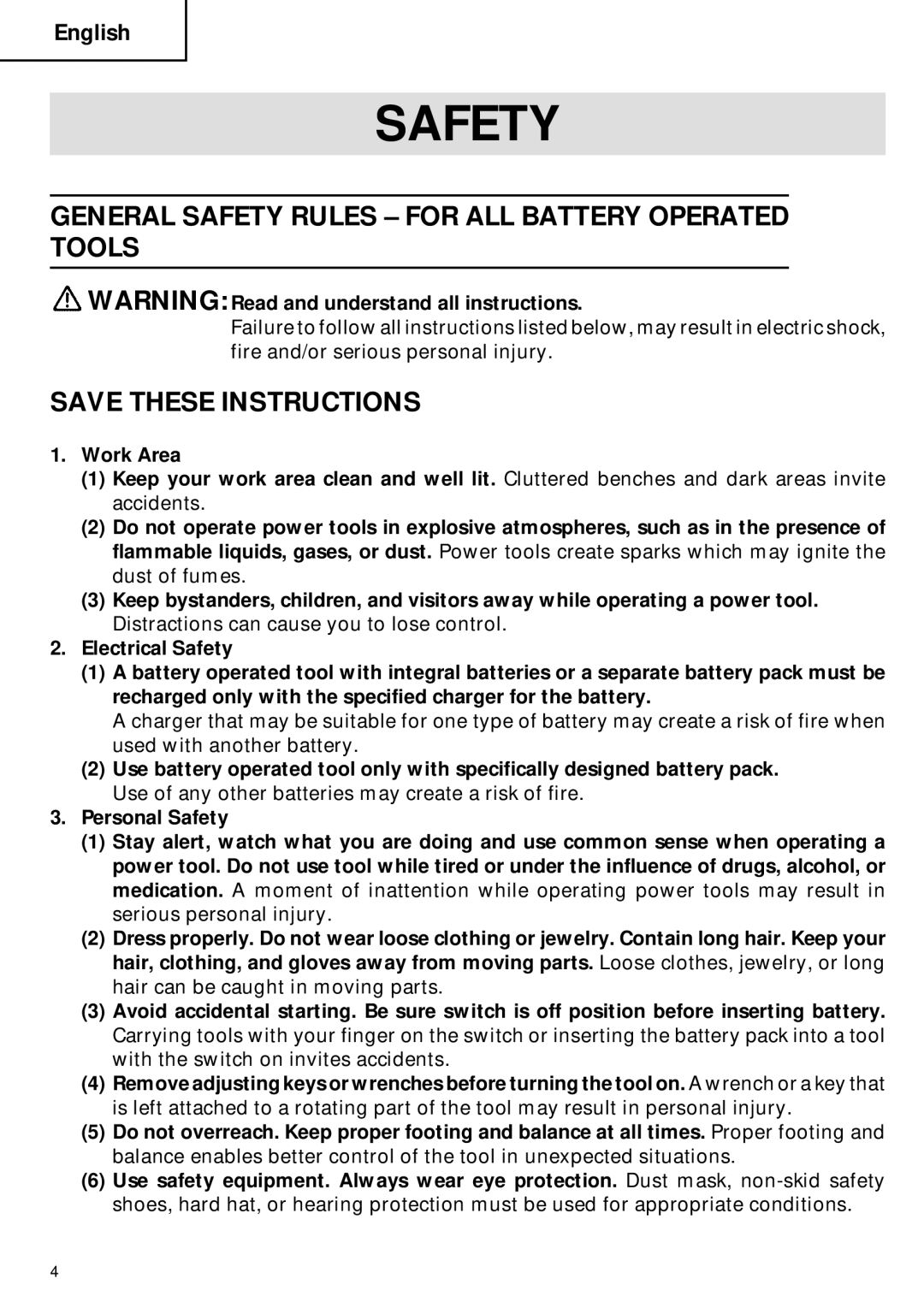 Hitachi C 6DC2 instruction manual General Safety Rules for ALL Battery Operated Tools 