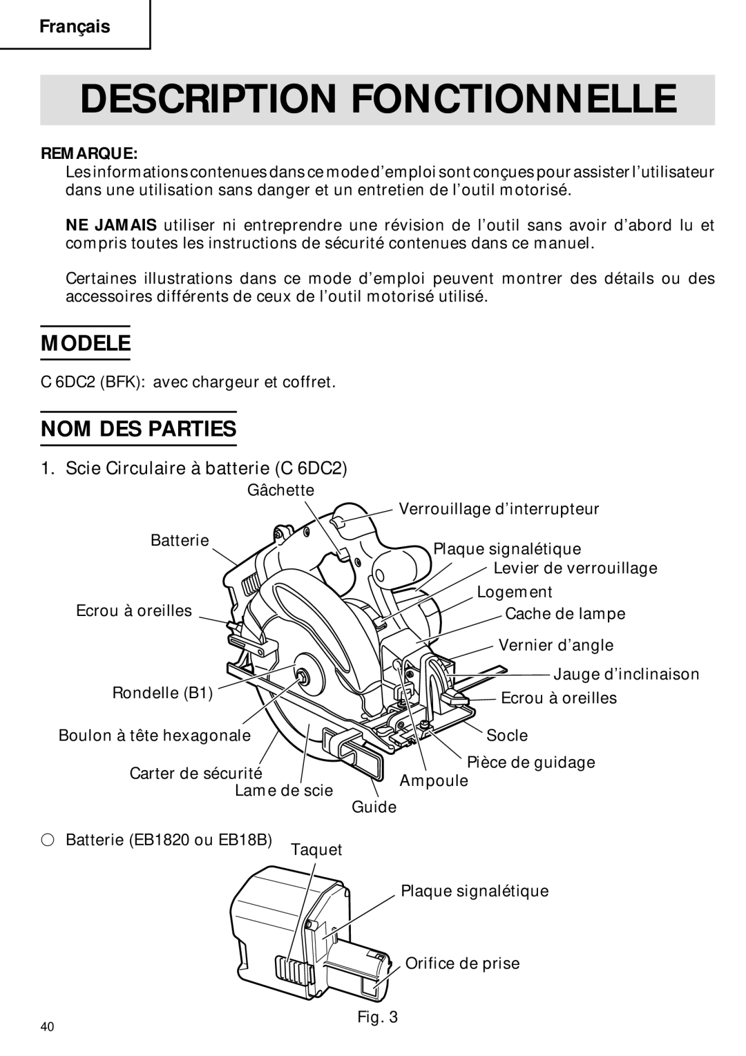 Hitachi instruction manual Description Fonctionnelle, Modele, NOM DES Parties, Scie Circulaire à batterie C 6DC2 