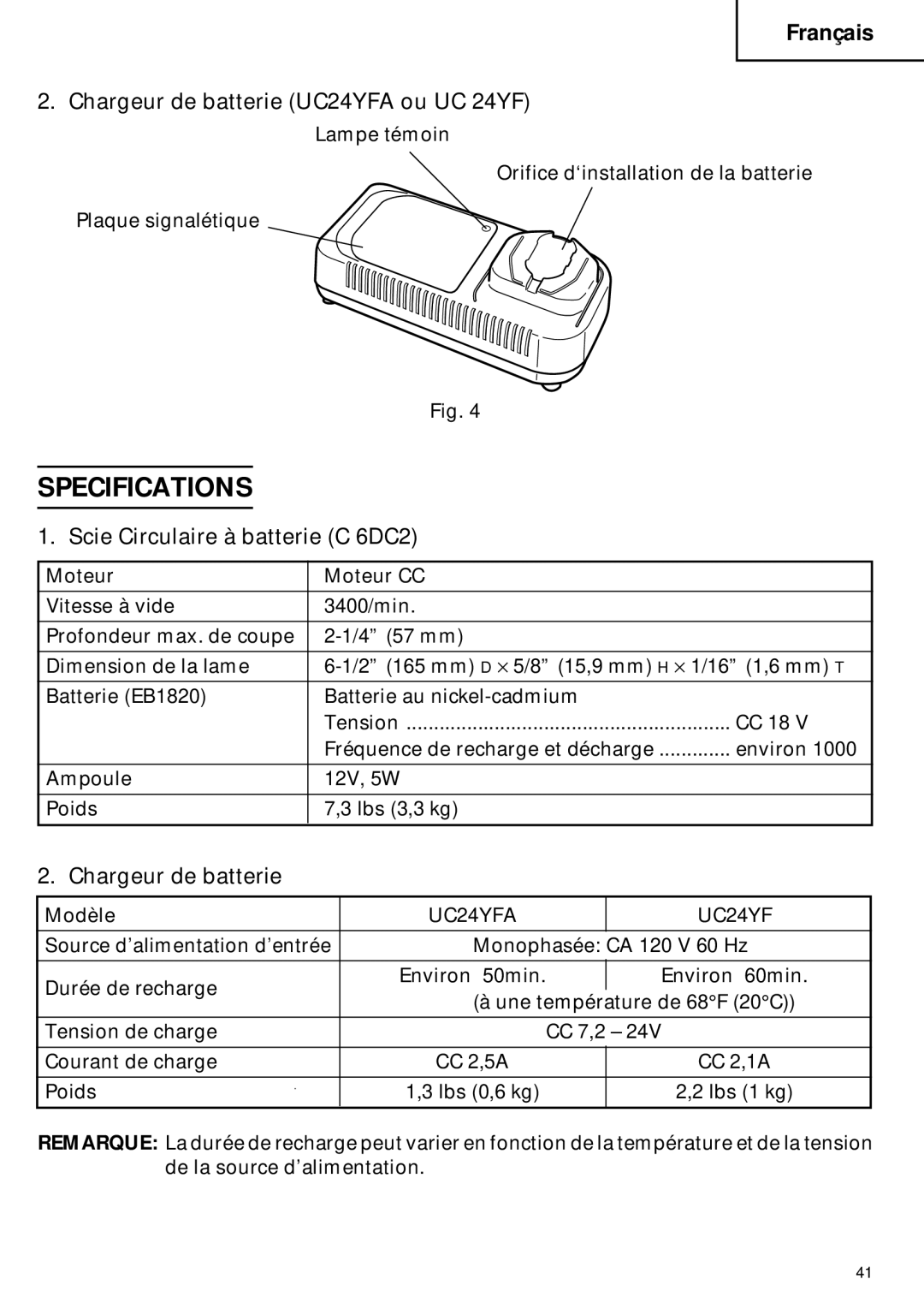 Hitachi C 6DC2 instruction manual Specifications, Chargeur de batterie UC24YFA ou UC 24YF 