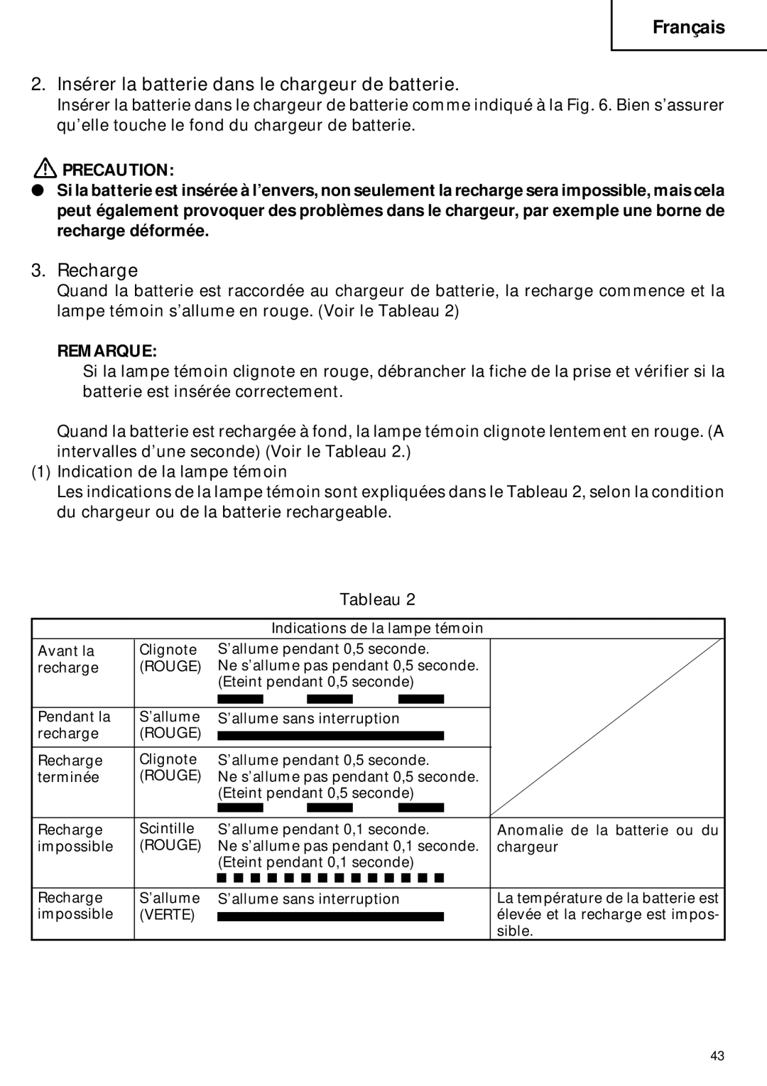 Hitachi C 6DC2 instruction manual Insérer la batterie dans le chargeur de batterie, Recharge 