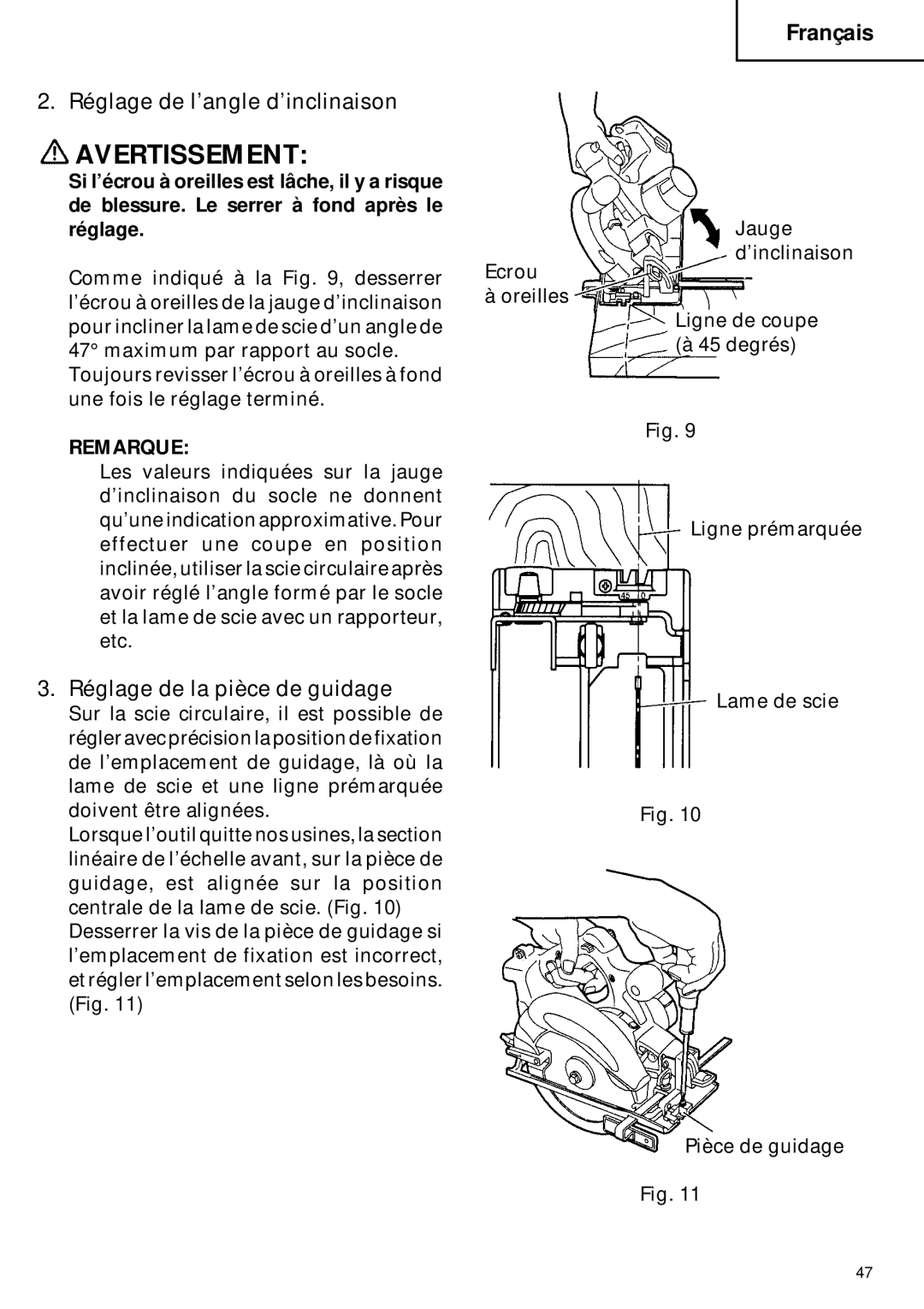 Hitachi C 6DC2 instruction manual Réglage de l’angle d’inclinaison, Réglage de la pièce de guidage 