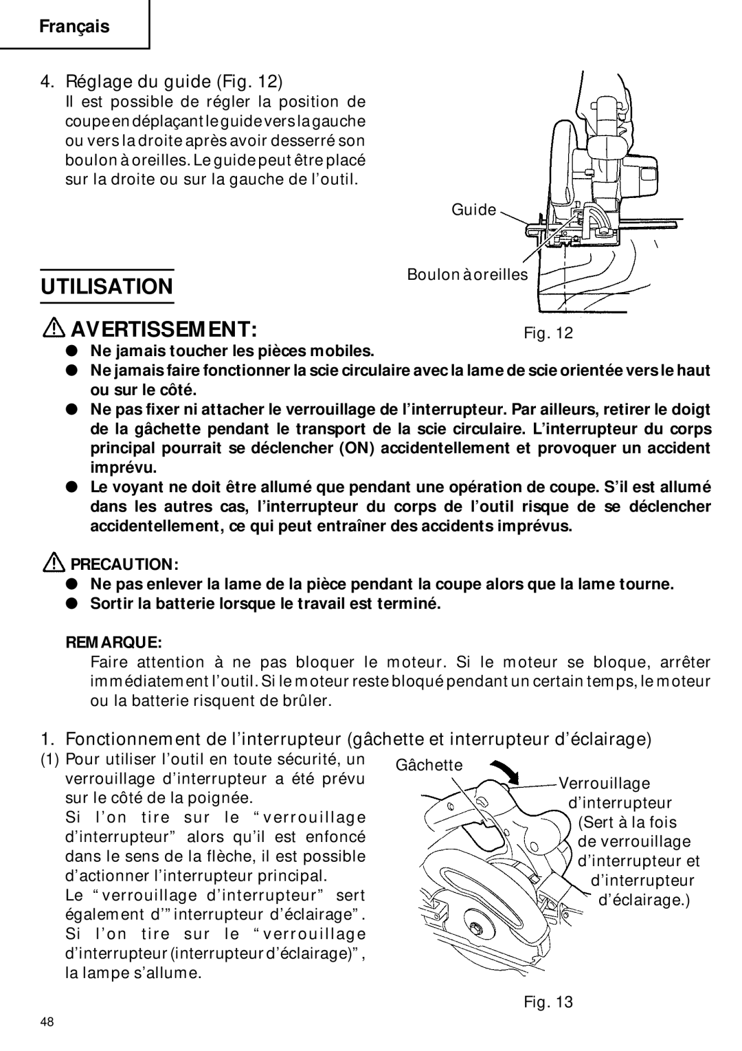 Hitachi C 6DC2 instruction manual Utilisation Avertissement, Réglage du guide Fig 