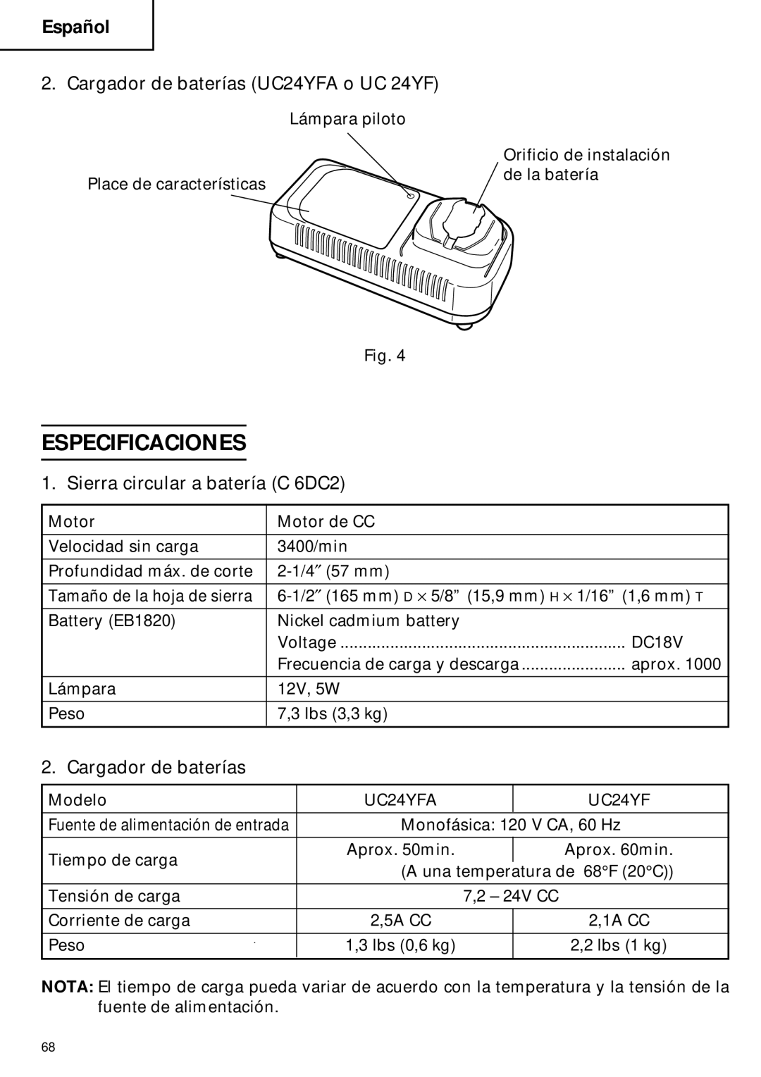 Hitachi C 6DC2 instruction manual Especificaciones, Cargador de baterías UC24YFA o UC 24YF 