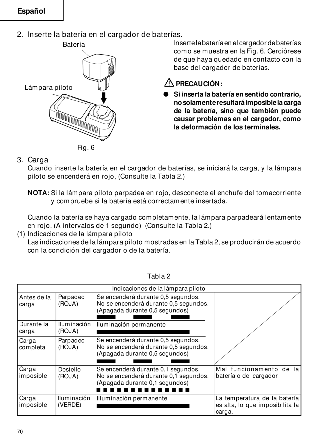 Hitachi C 6DC2 instruction manual Inserte la batería en el cargador de baterías, Carga 