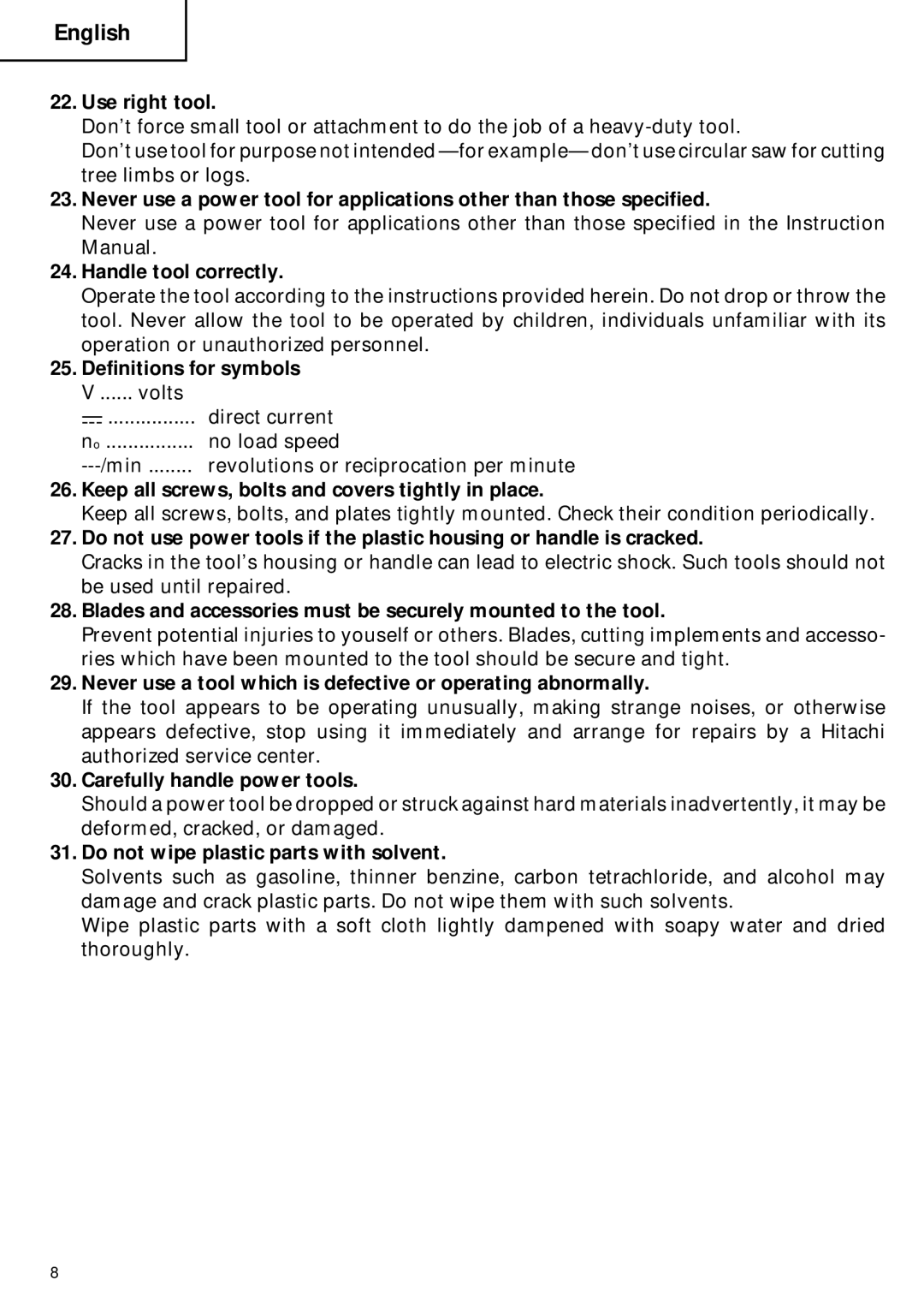 Hitachi C 6DC2 instruction manual Definitions for symbols V ...... volts 