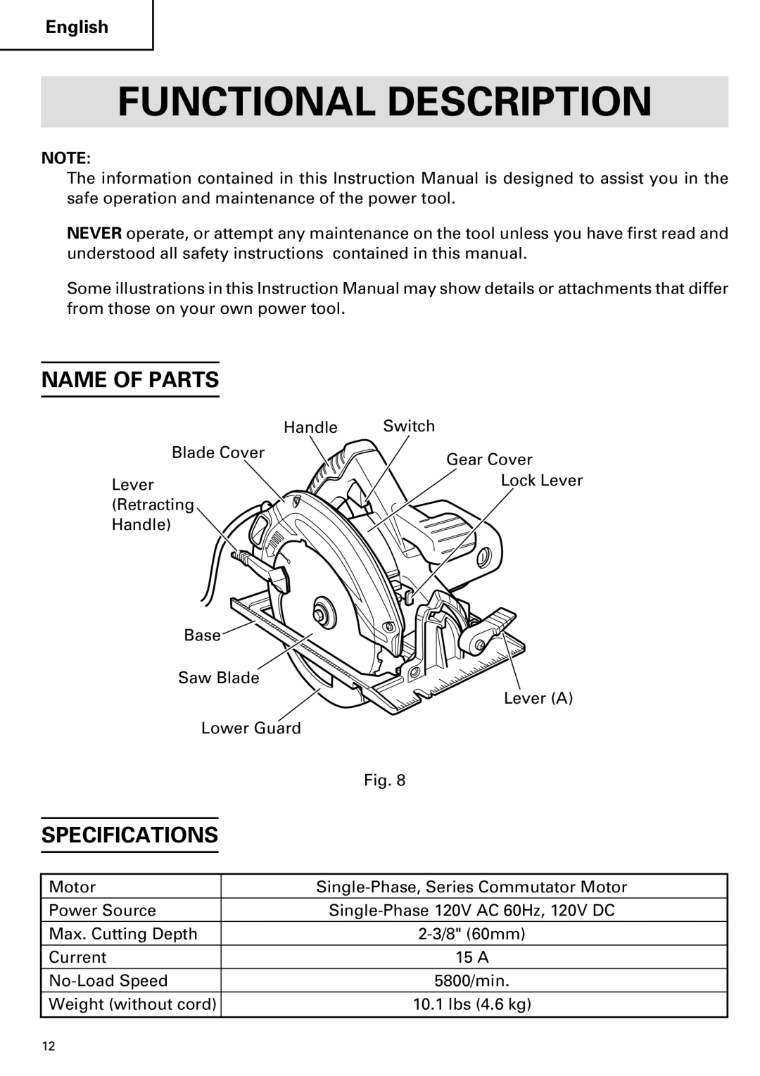 Hitachi C 7BD2, C 7SB2 instruction manual Functional Description, Name of Parts, Specifications 