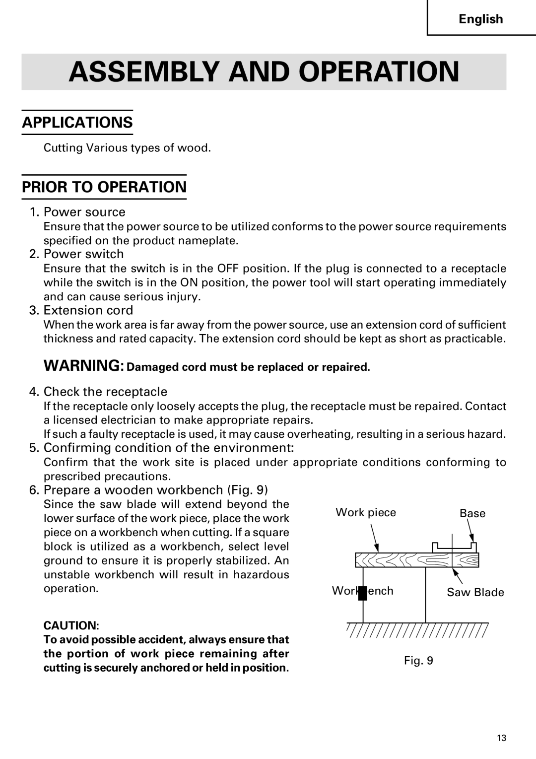 Hitachi C 7SB2, C 7BD2 instruction manual Assembly and Operation, Applications, Prior to Operation 